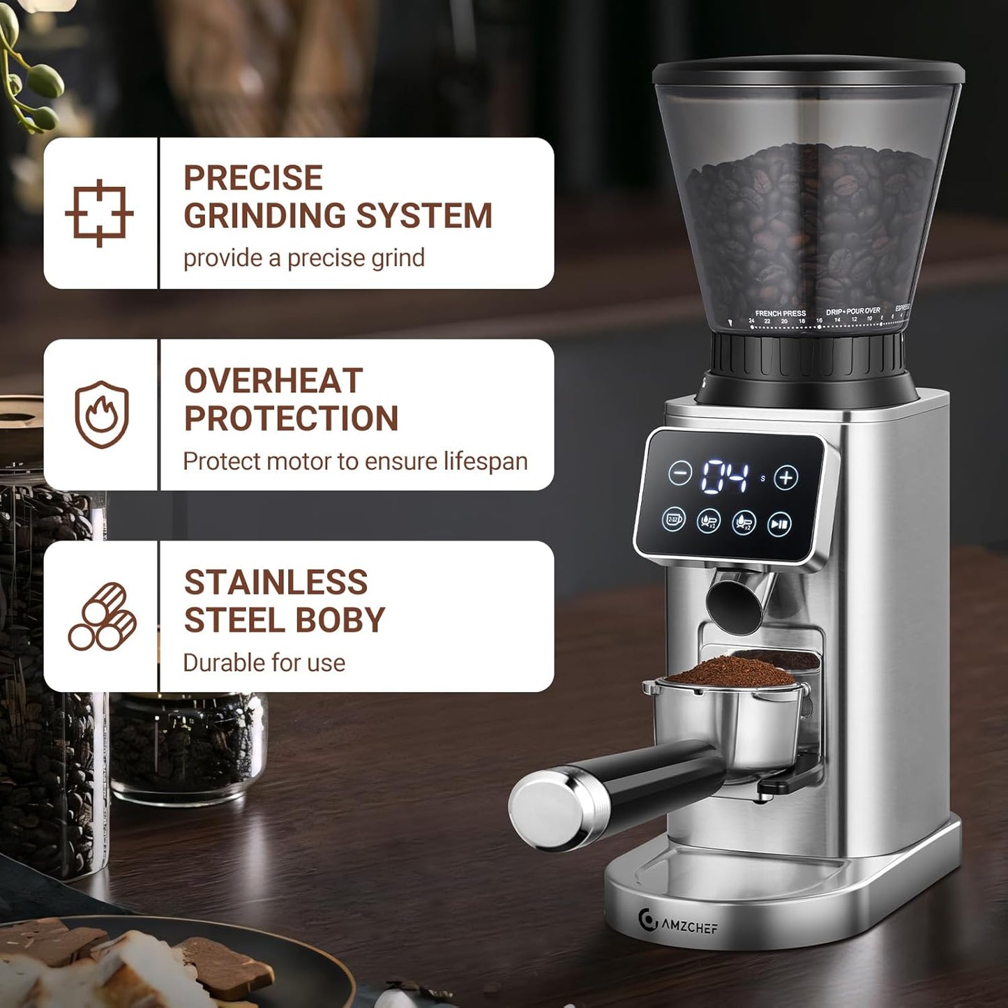 AMZCHEF Electric Coffee Grinder Conical Burr Stainless Steel Precision Grind NEW