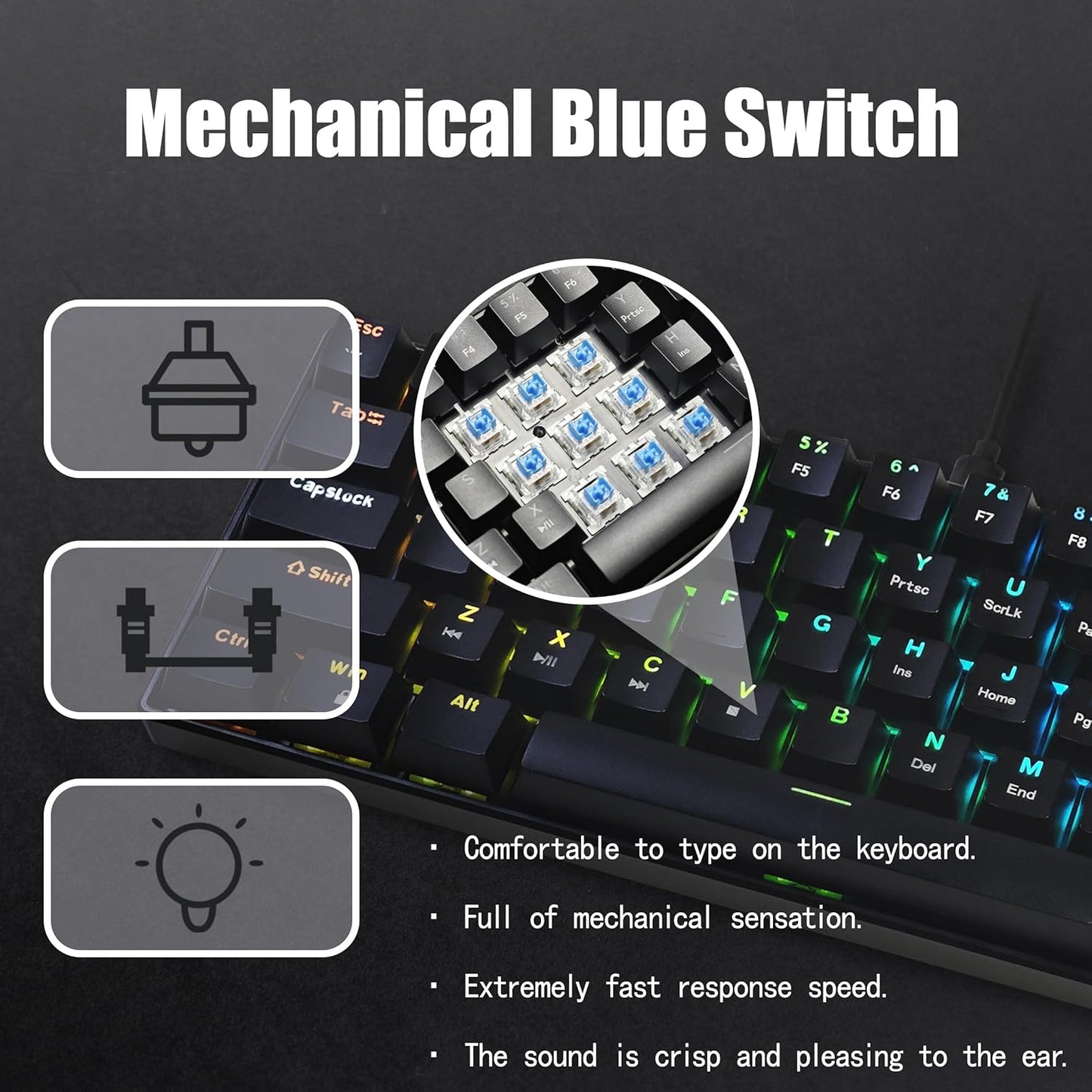Bangsanth 61 Key Gaming Keyboard Black Blue Switches Dynamic Backlighting NEW
