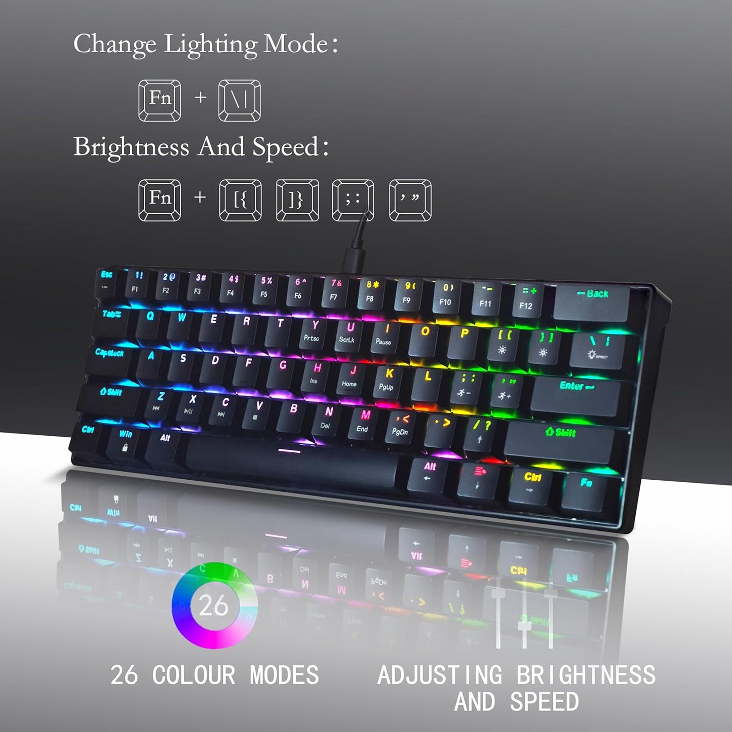 Bangsanth 61 Key Gaming Keyboard Black Blue Switches Dynamic Backlighting NEW
