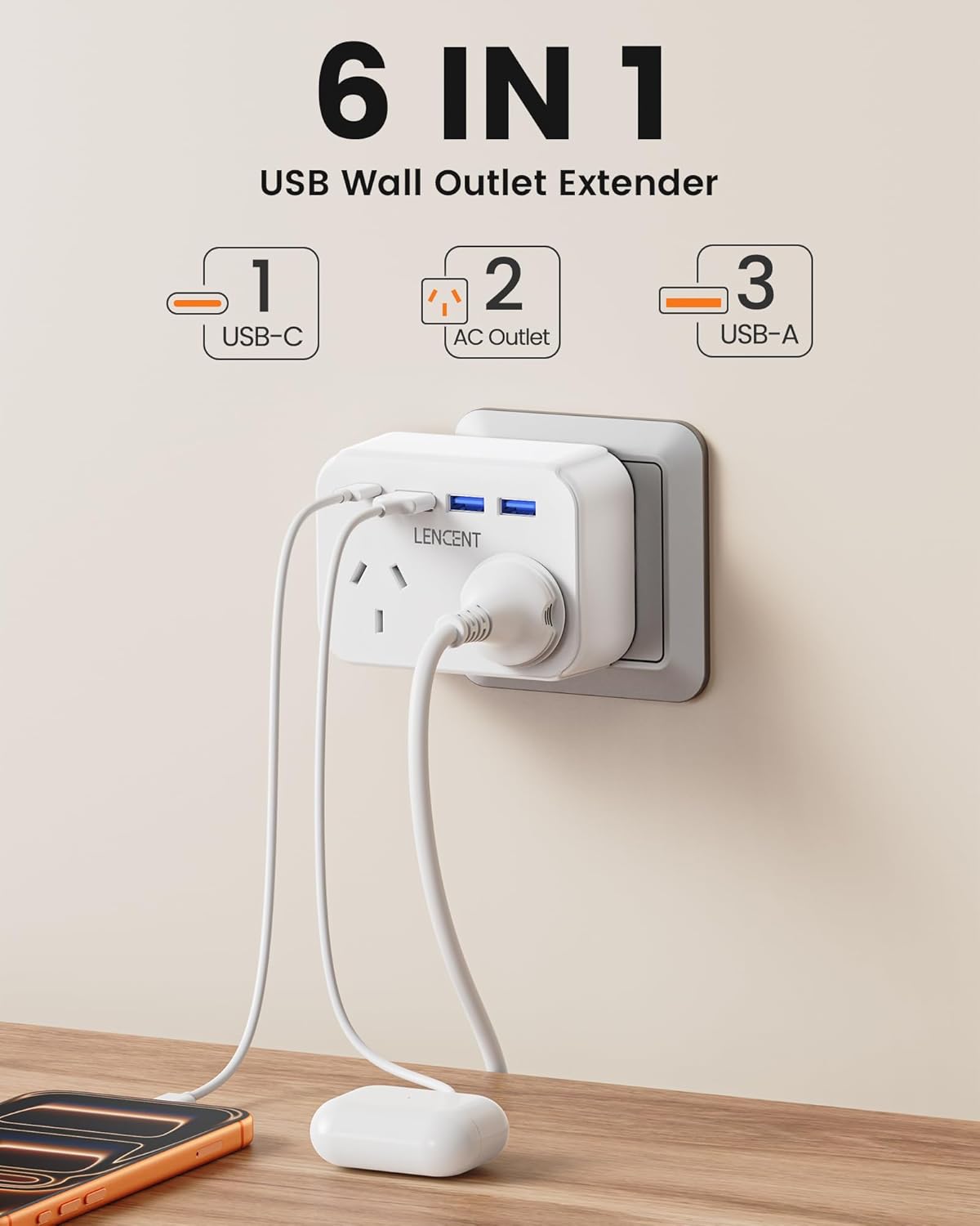 LENCENT USB Power Strip with Type-C and 3 A Ports Plug Extension Outlet NEW