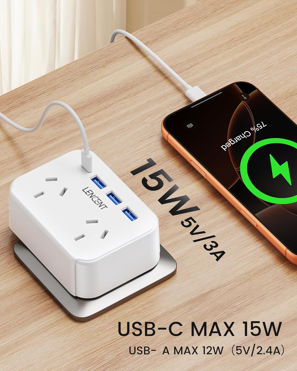 LENCENT USB Power Strip with Type-C and 3 A Ports Plug Extension Outlet NEW