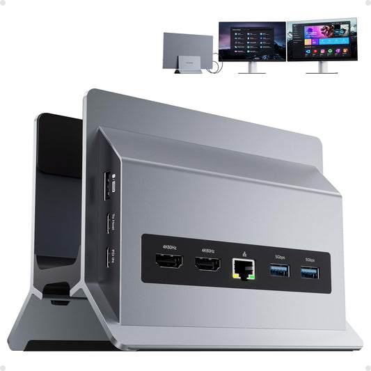 PULWTOP 11-in-1 Vertical USB-C Docking Station for Dual Monitors in Grey NEW