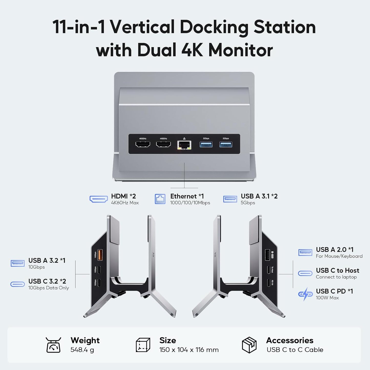 PULWTOP 11-in-1 Vertical USB-C Docking Station for Dual Monitors in Grey NEW