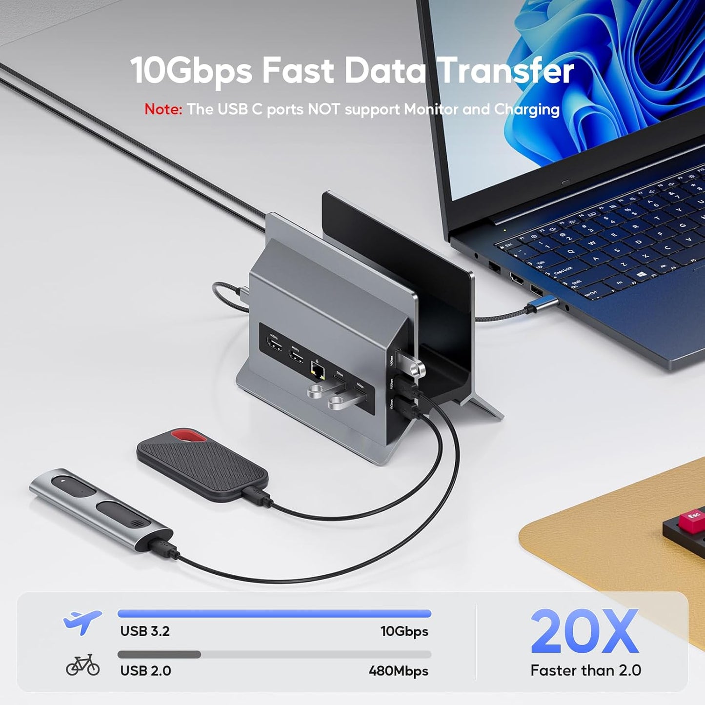 PULWTOP 11-in-1 Vertical USB-C Docking Station for Dual Monitors in Grey NEW