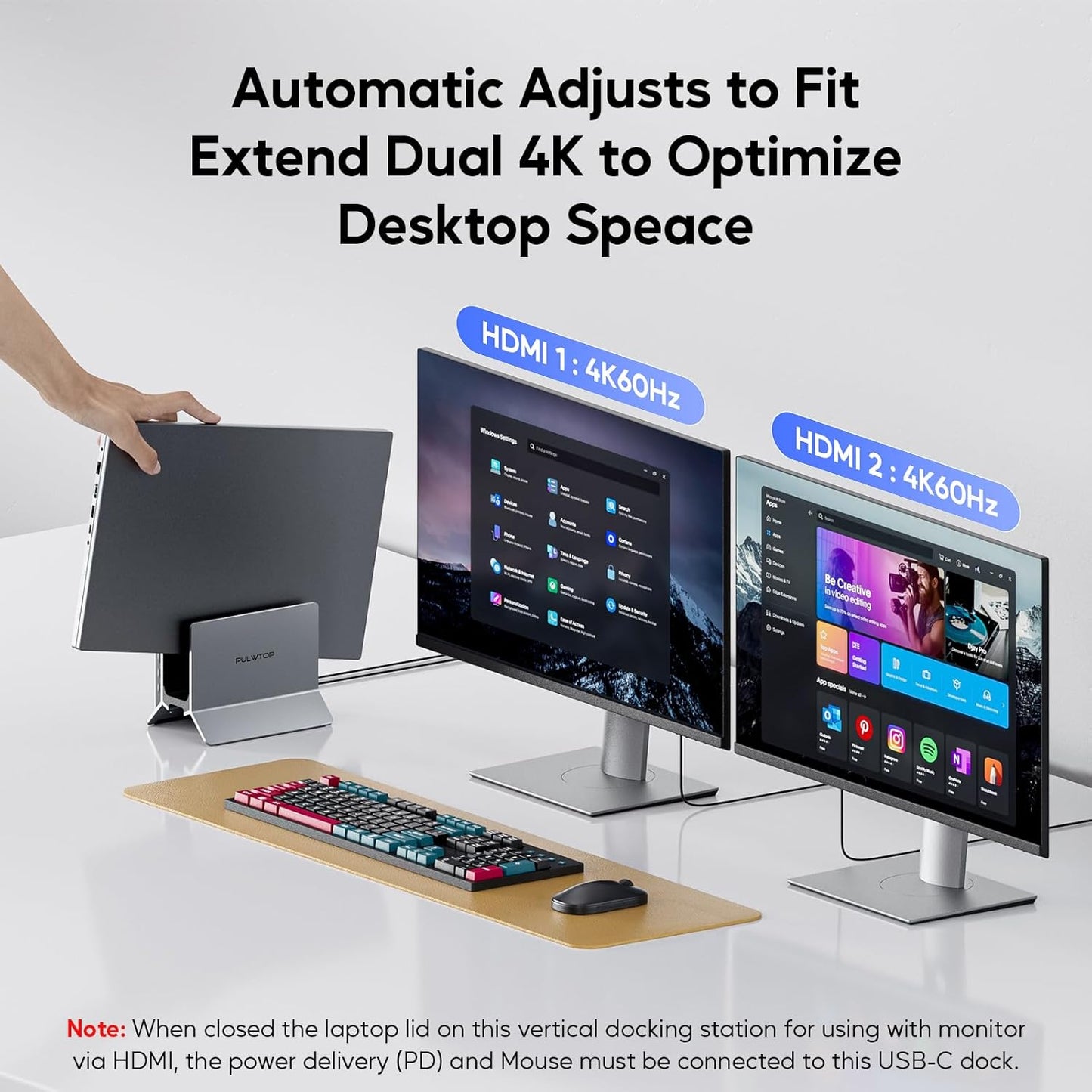 PULWTOP 11-in-1 Vertical USB-C Docking Station for Dual Monitors in Grey NEW