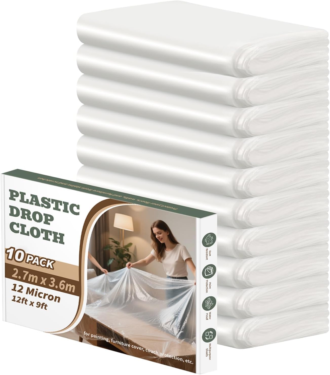 Clear Plastic Tarps 2.7m x 3.6m Dust-Proof Protective Drop Cloth for NEW