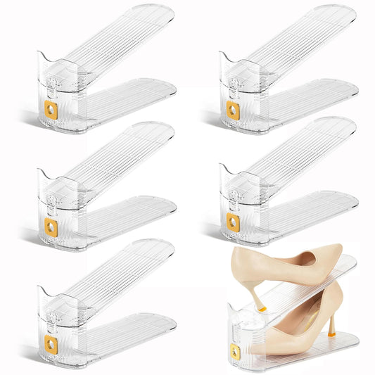 Adjustable Clear & Gold Plastic Shoe Slots Organizer Stacker, 6 Pieces Size NEW