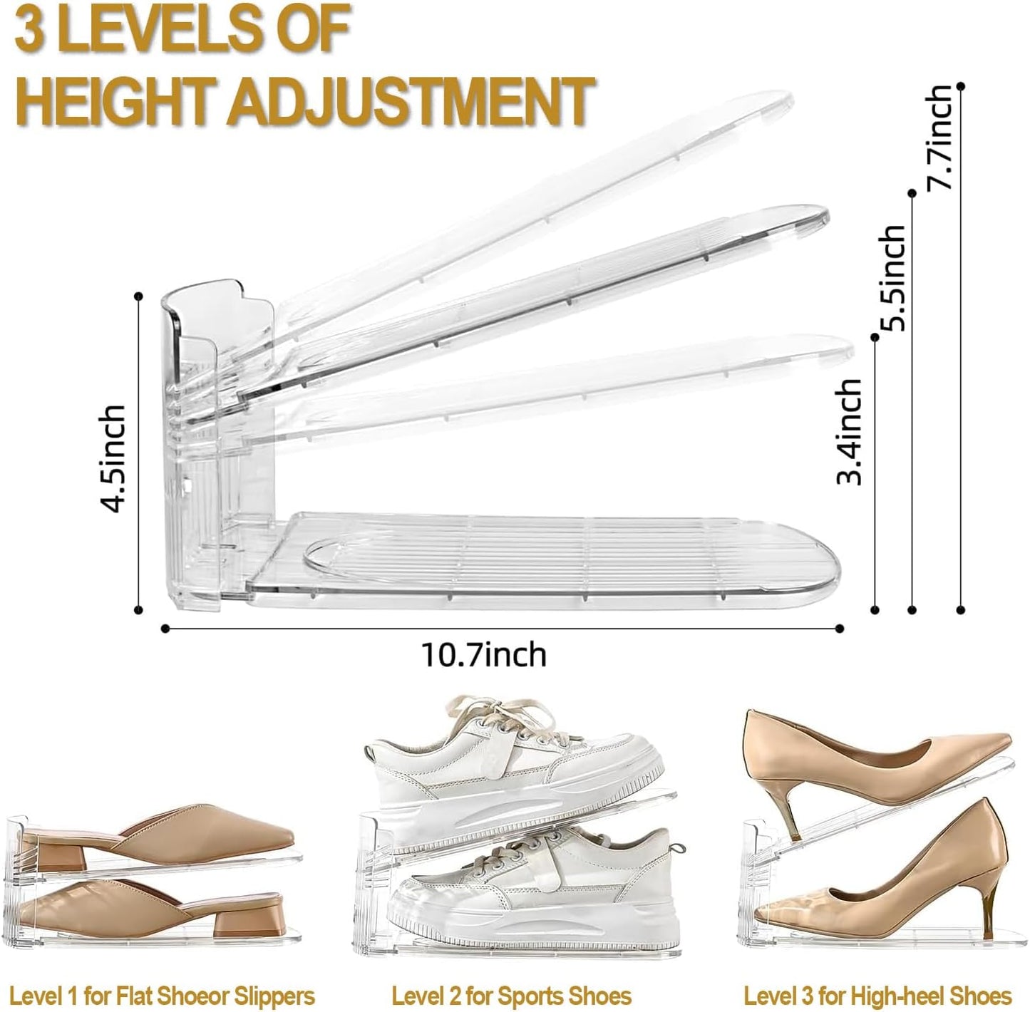 Adjustable Clear & Gold Plastic Shoe Slots Organizer Stacker, 6 Pieces Size NEW