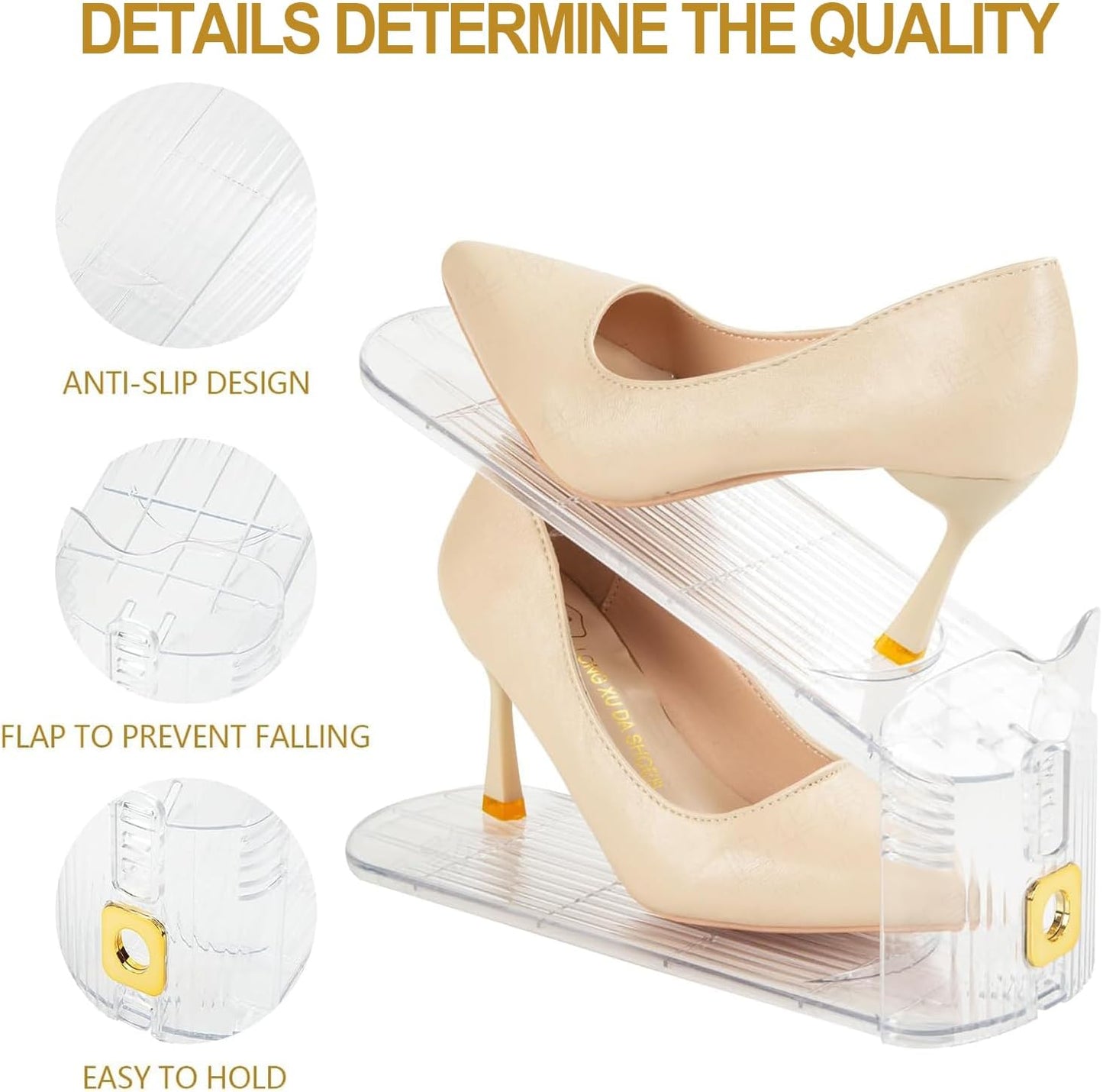 Adjustable Clear & Gold Plastic Shoe Slots Organizer Stacker, 6 Pieces Size NEW