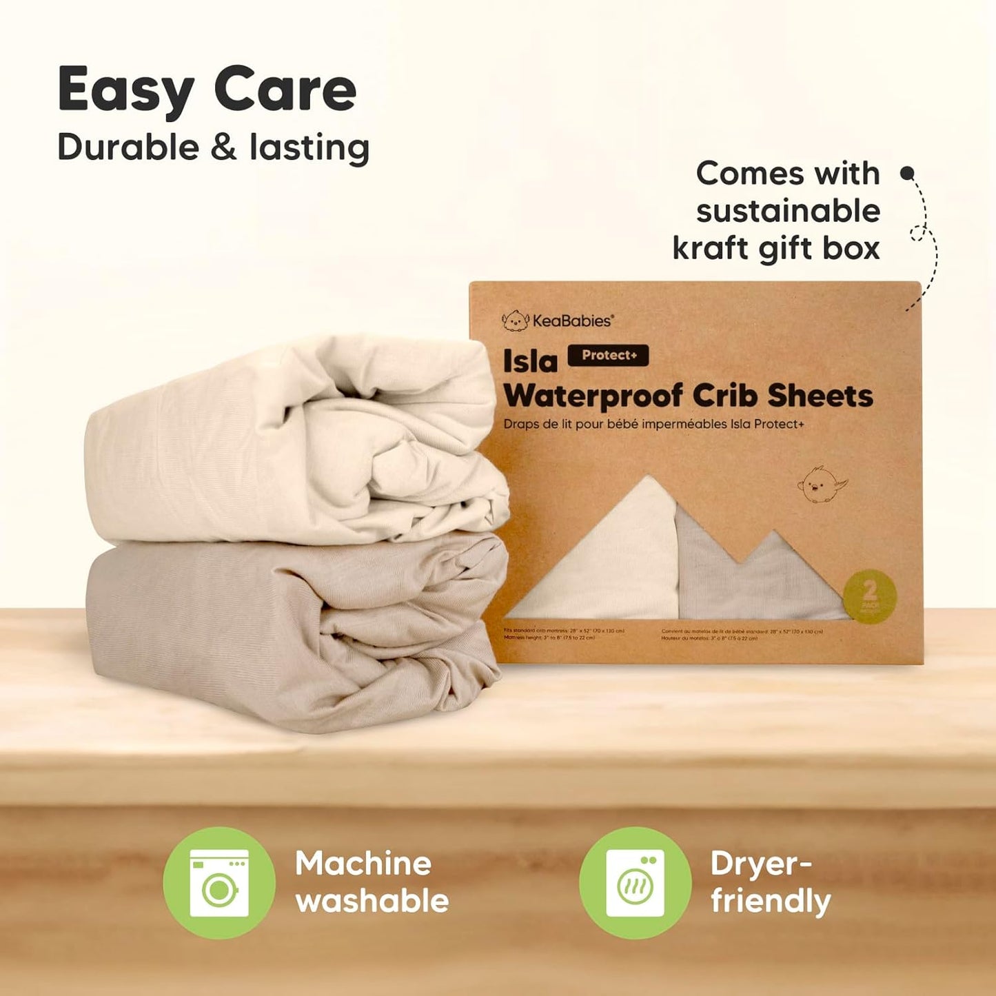 KeaBabies Bamboo Fitted Crib Sheets Waterproof Breathable Ecru Size 130cm x NEW