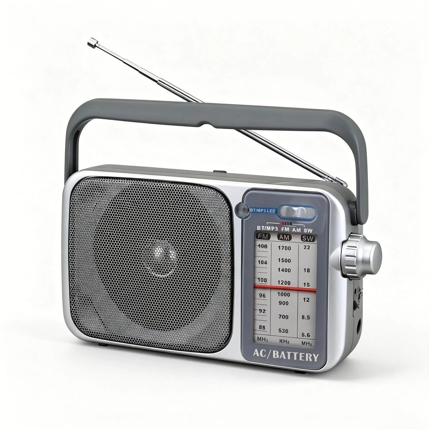 Portable Grey AM/FM Transistor Radio with Bluetooth 5.3 Rechargeable DEMO