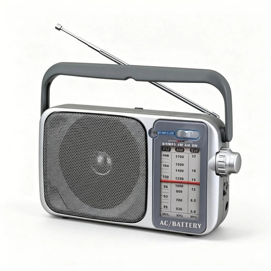 Portable Grey AM/FM Transistor Radio with Bluetooth 5.3 Rechargeable DEMO