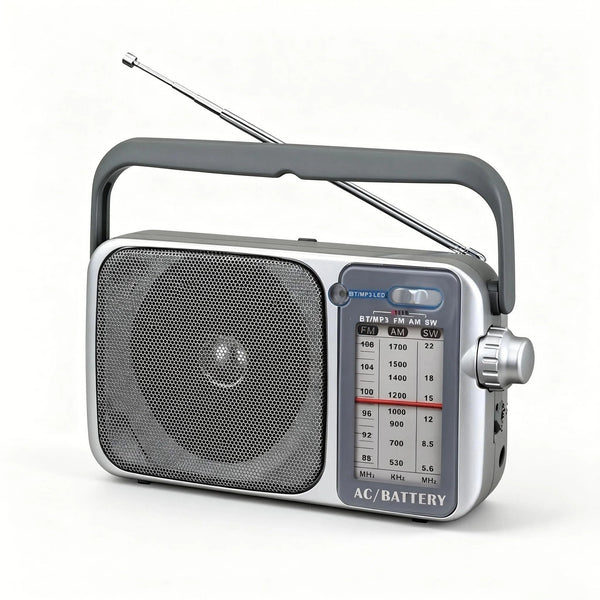 Portable Grey AM/FM Transistor Radio with Bluetooth 5.3 Rechargeable DEMO