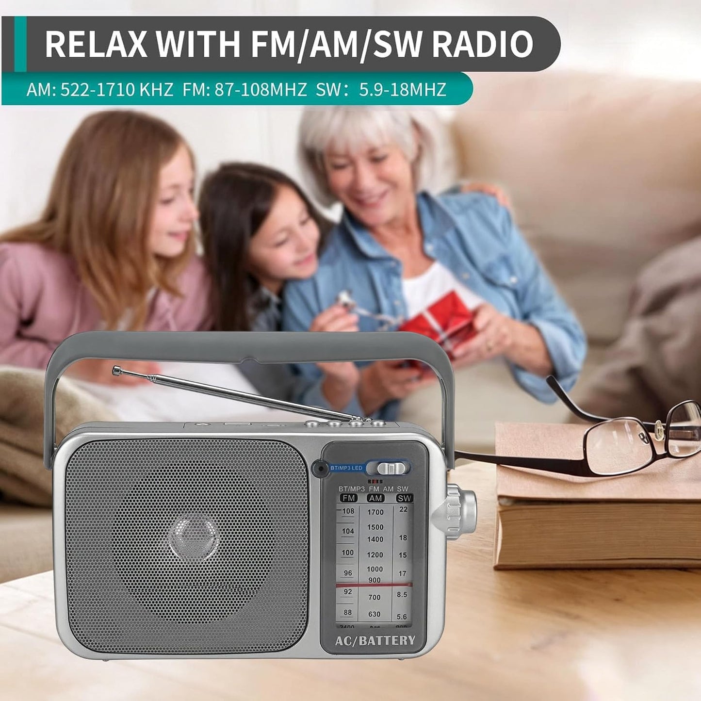 Portable Grey AM/FM Transistor Radio with Bluetooth 5.3 Rechargeable DEMO