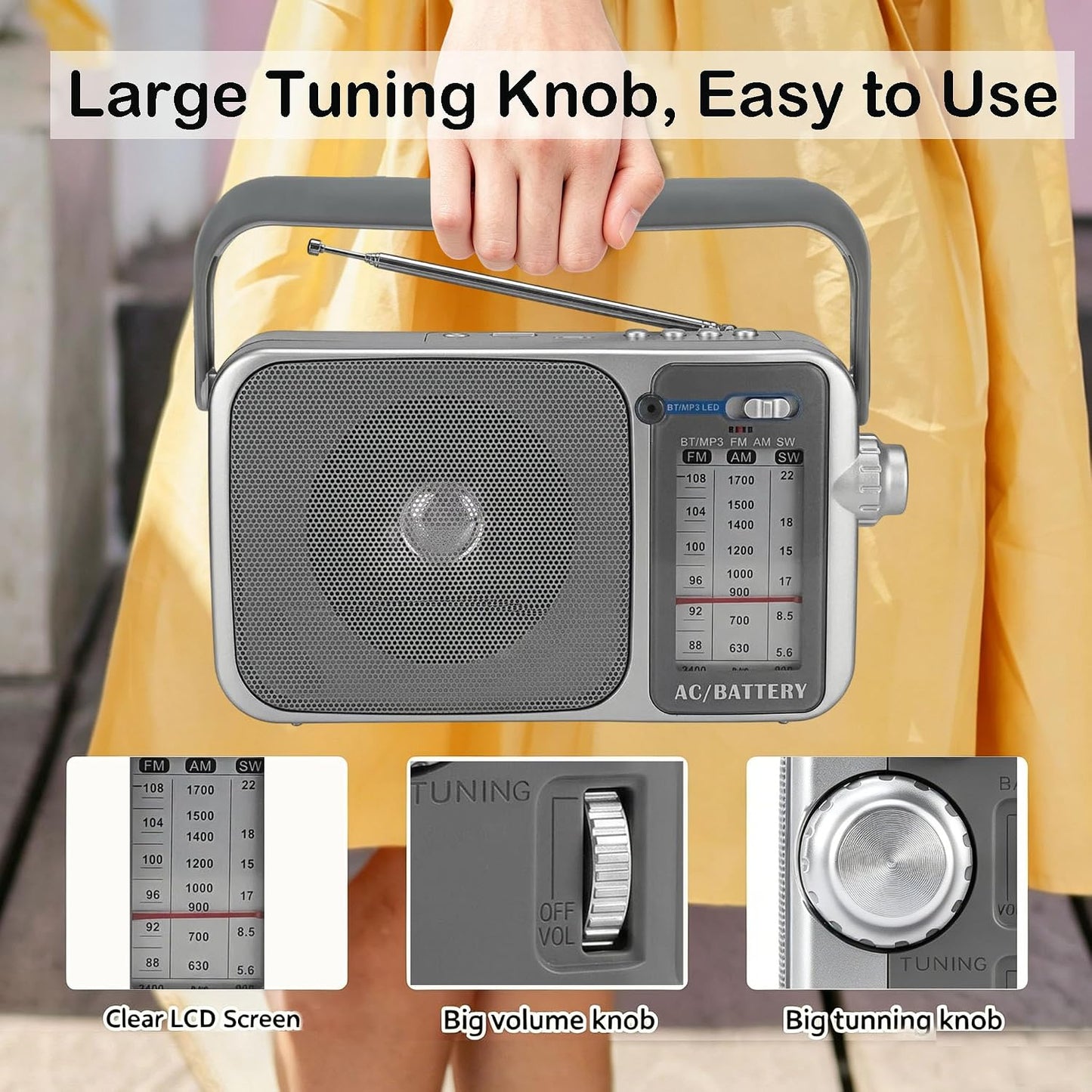 Portable Grey AM/FM Transistor Radio with Bluetooth 5.3 Rechargeable DEMO