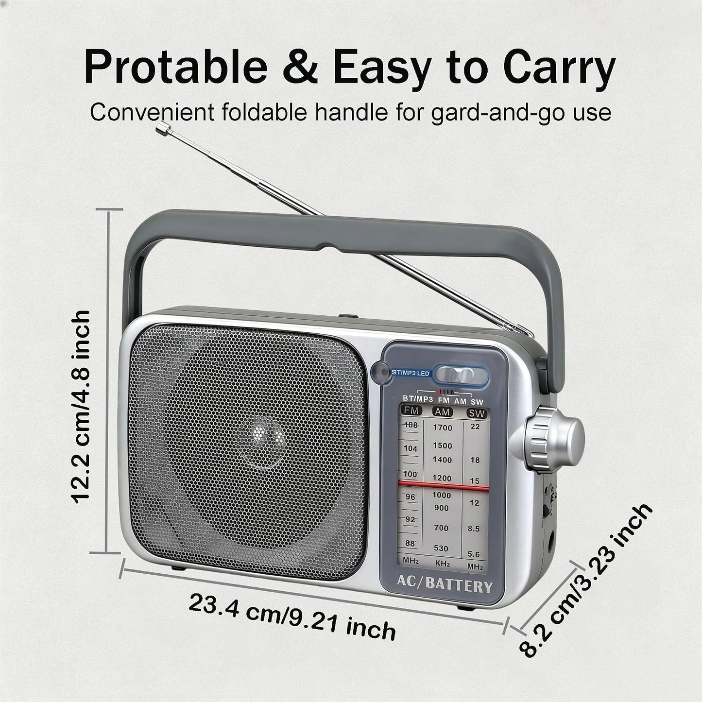 Portable Grey AM/FM Transistor Radio with Bluetooth 5.3 Rechargeable DEMO