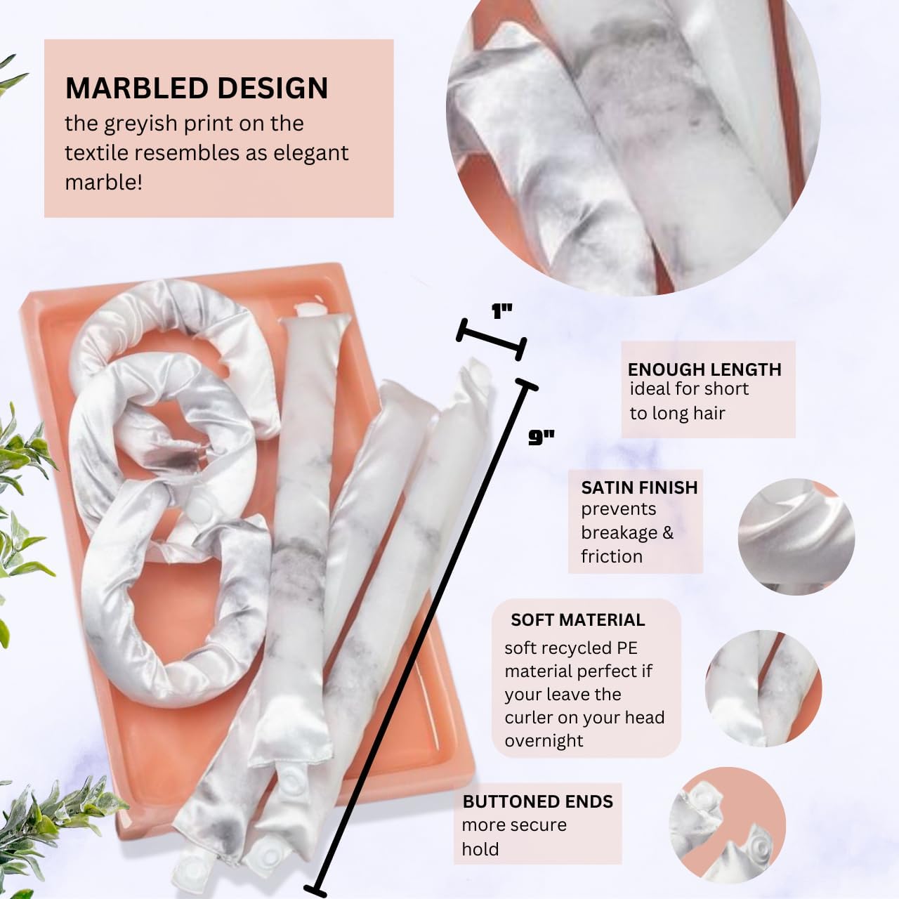 Kitsch Satin Hair Rollers - Soft Curlers for Sleep, Marble, 6 Piece Set NEW