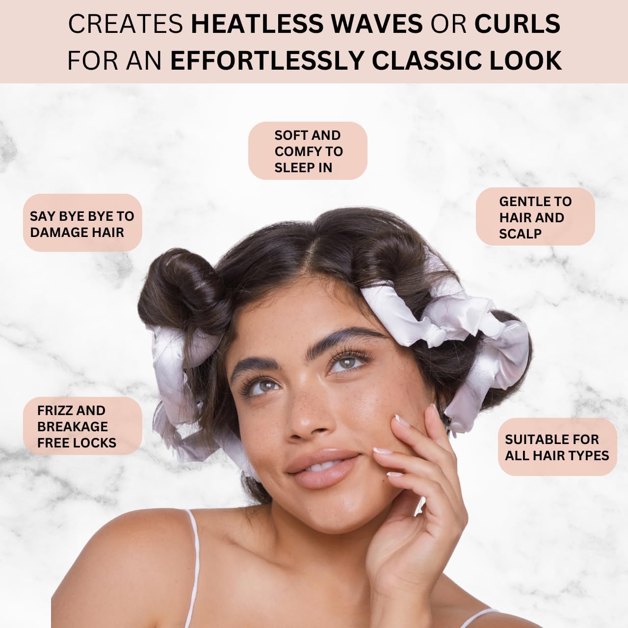 Kitsch Satin Hair Rollers - Soft Curlers for Sleep, Marble, 6 Piece Set NEW