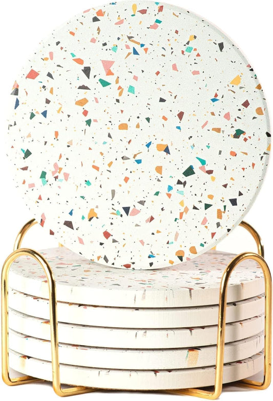 ilohaus Terrazzo Ceramic Absorbent Coasters Set of 6 with Holder - NEW