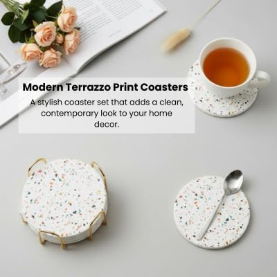 ilohaus Terrazzo Ceramic Absorbent Coasters Set of 6 with Holder - NEW