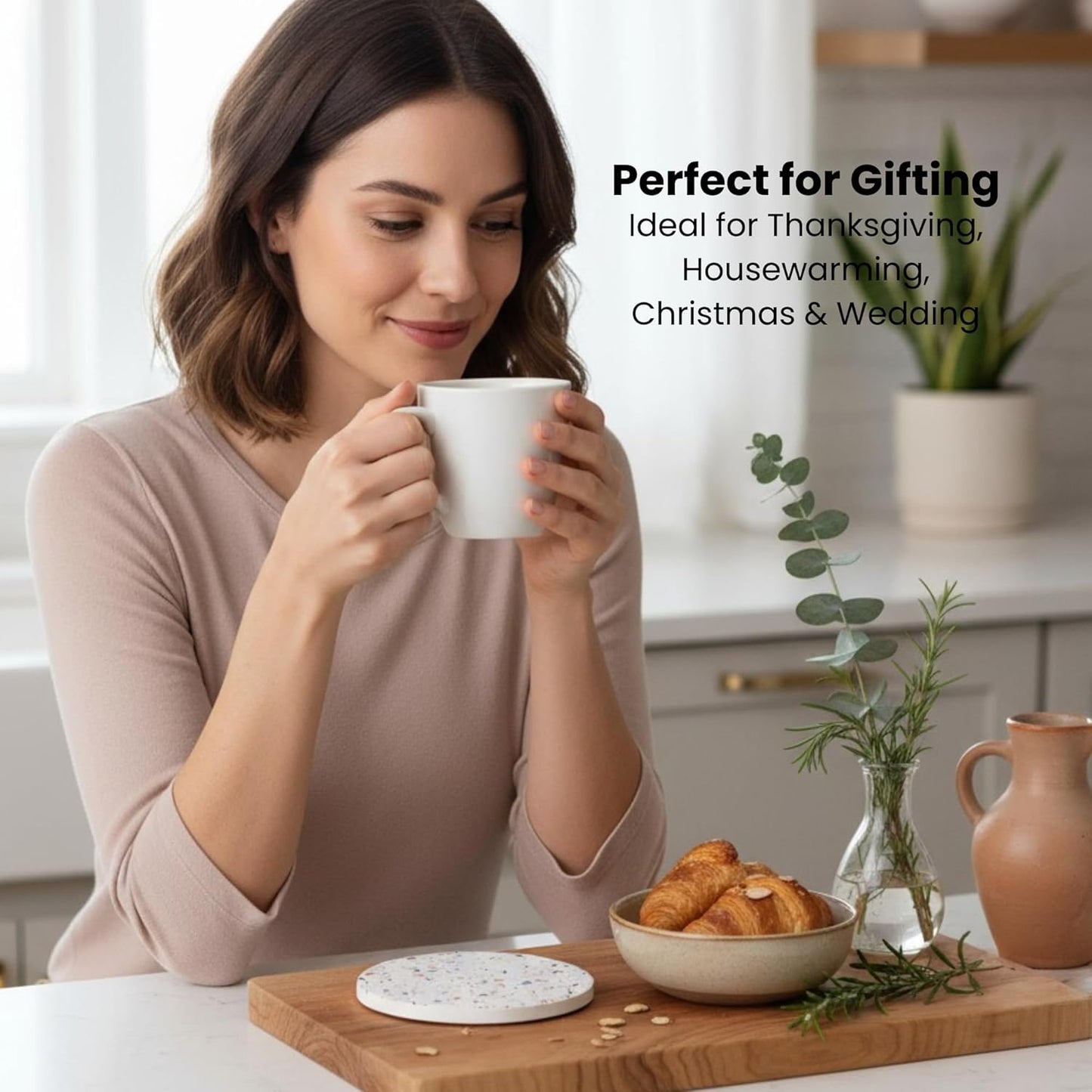 ilohaus Terrazzo Ceramic Absorbent Coasters Set of 6 with Holder - NEW