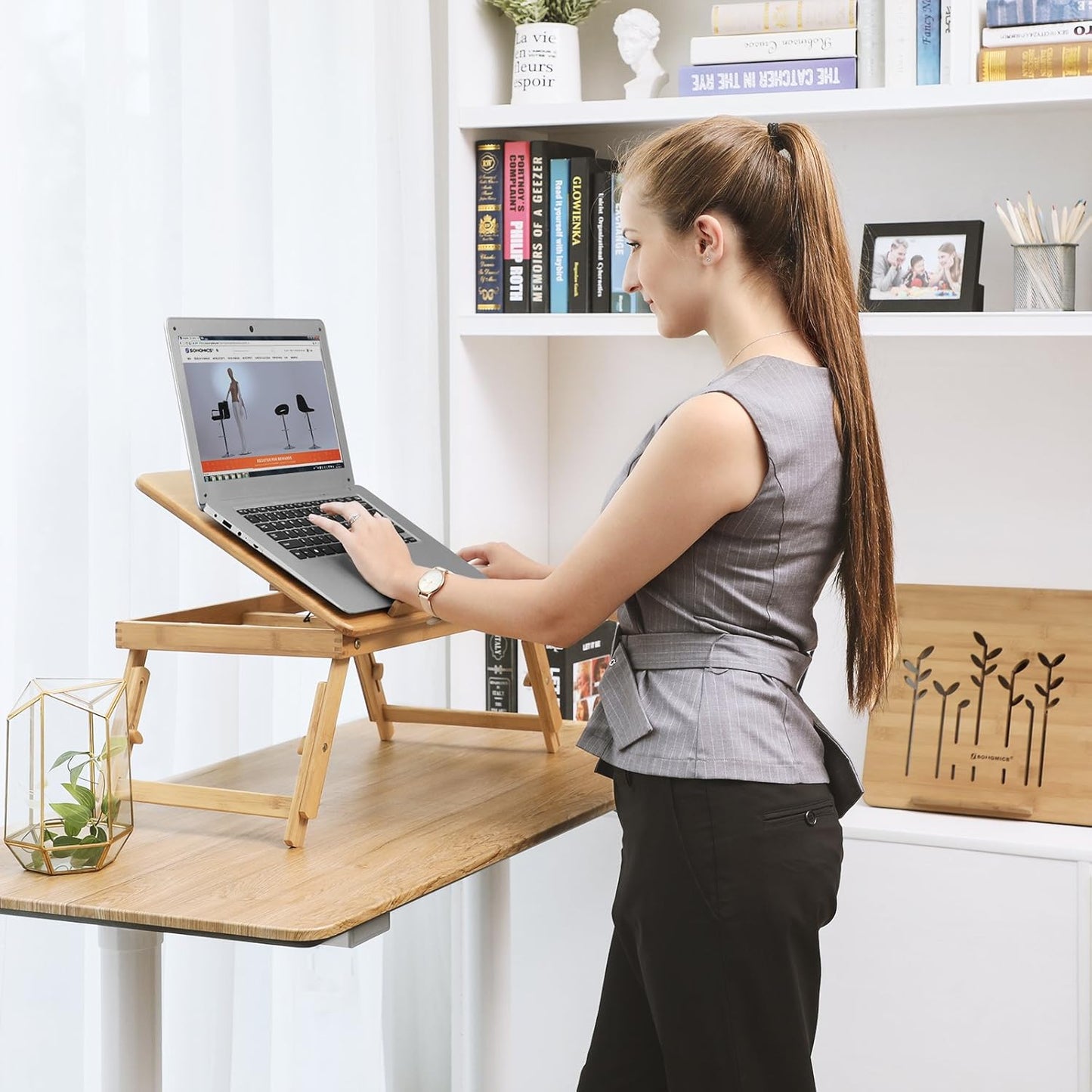 SONGMICS Adjustable Lapdesks Bamboo Laptop Desk Stand 5 Angle Positions NEW