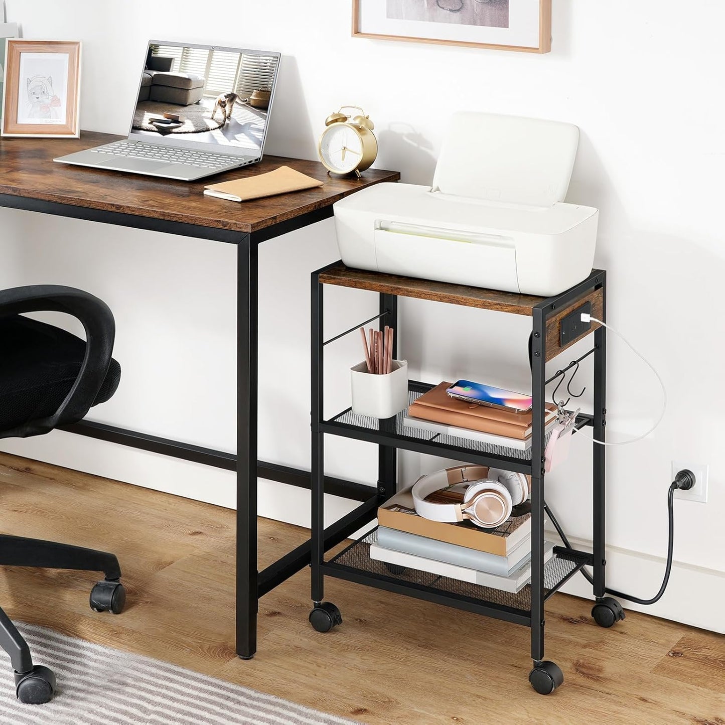 HOOBRO 3-Tier Printer Desk Stand Rustic Brown & Black Engineered Wood NEW