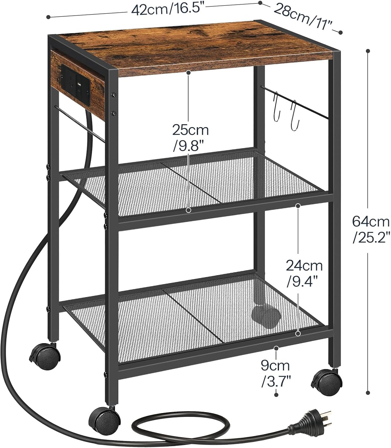 HOOBRO 3-Tier Printer Desk Stand Rustic Brown & Black Engineered Wood NEW