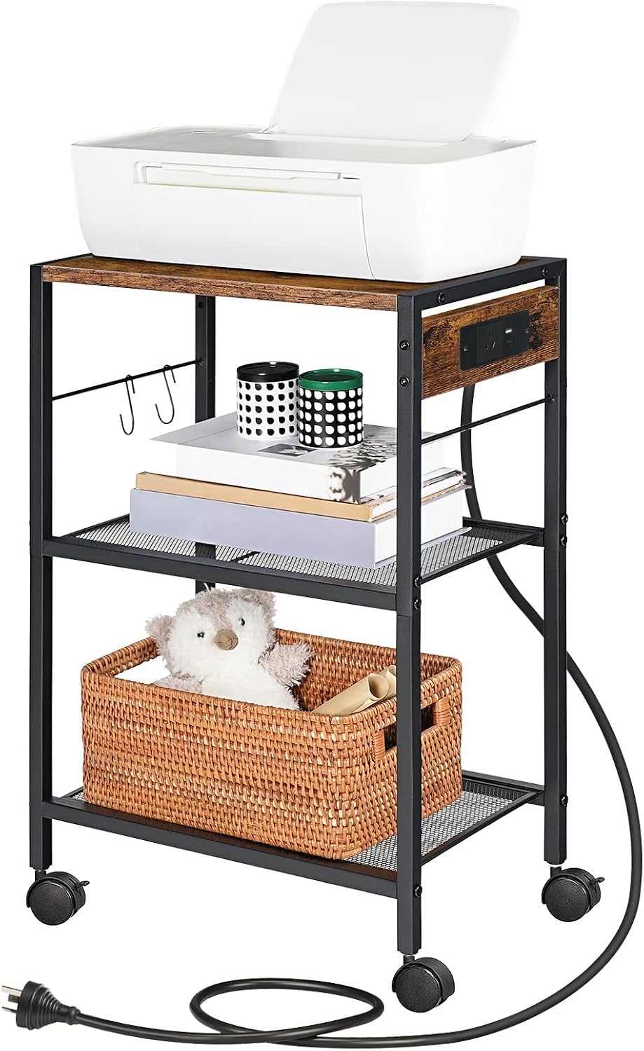 HOOBRO 3-Tier Printer Desk Stand Rustic Brown & Black Engineered Wood NEW