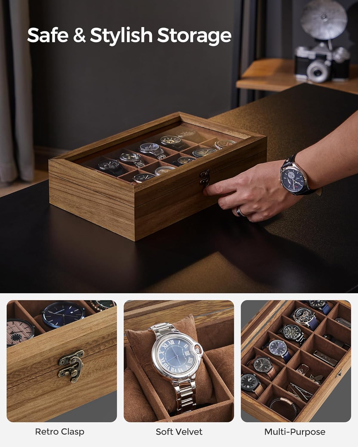 SONGMICS Unisex 12-Slot Walnut Watch Box Organizer Paulownia Wood Velvet NEW
