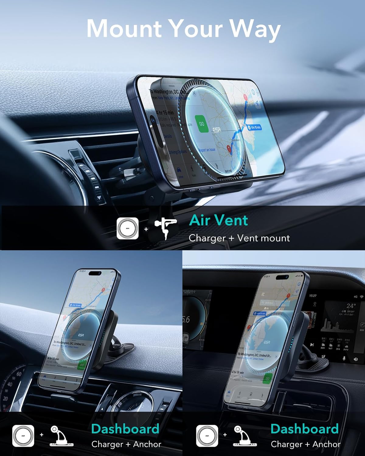 ESR 15W Automobile Chargers Wireless MagSafe Car Charger with Cooling Fan, NEW