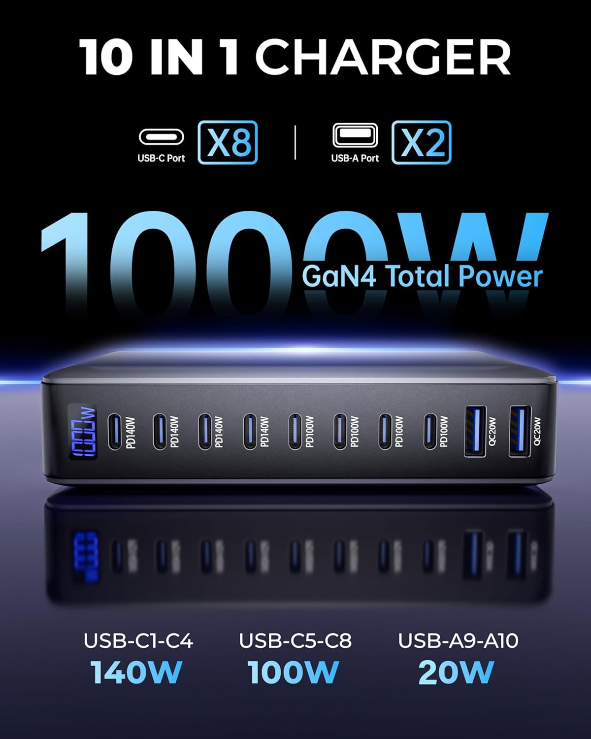 140W 10-Port USB-C GaN Fast Charging Station for Laptops & Devices Black NEW