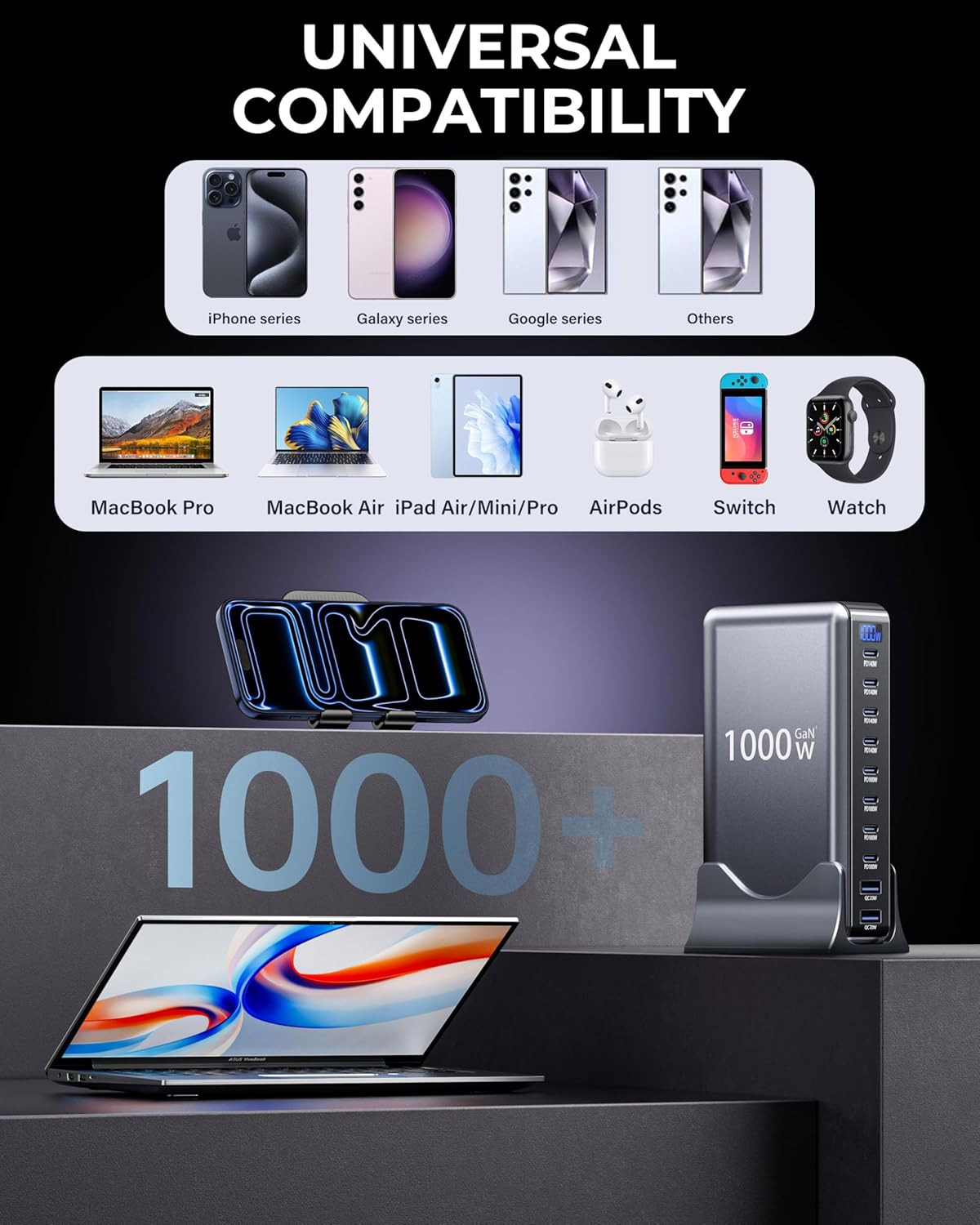 140W 10-Port USB-C GaN Fast Charging Station for Laptops & Devices Black NEW