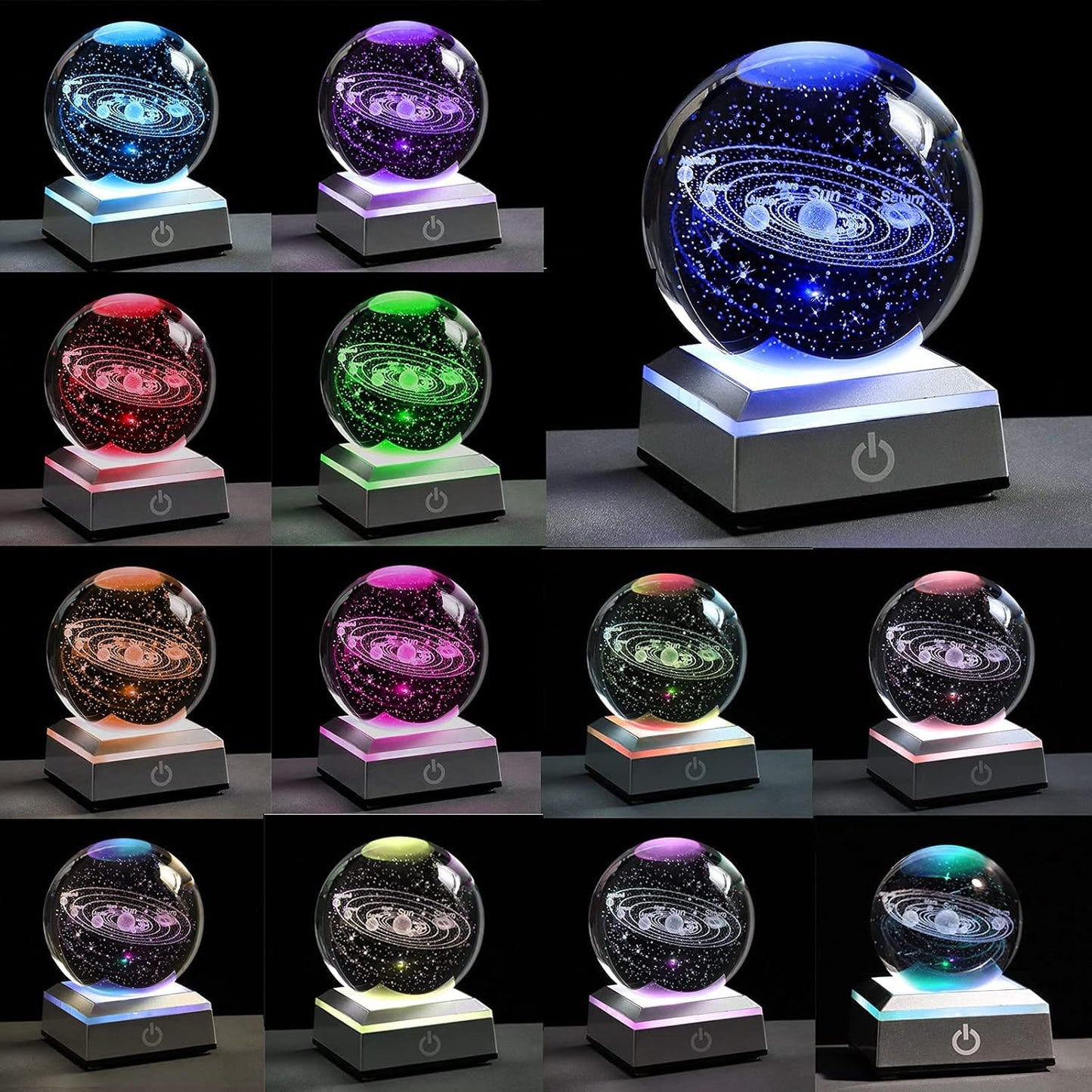3D Solar System Crystal Ball Laser Engraved Hologram Colorful Night Light NEW
