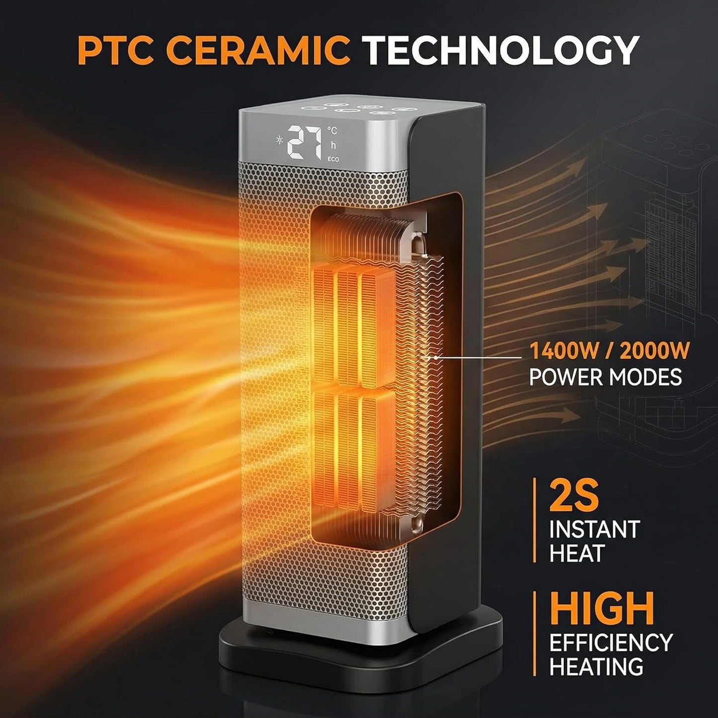 1500W PTC Heating Electric Space Heater with Thermostat for Indoor Use, DEMO