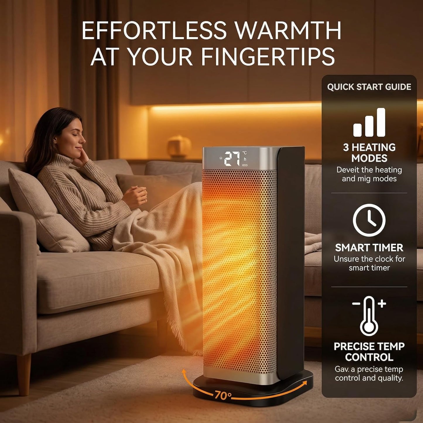 1500W PTC Heating Electric Space Heater with Thermostat for Indoor Use, DEMO