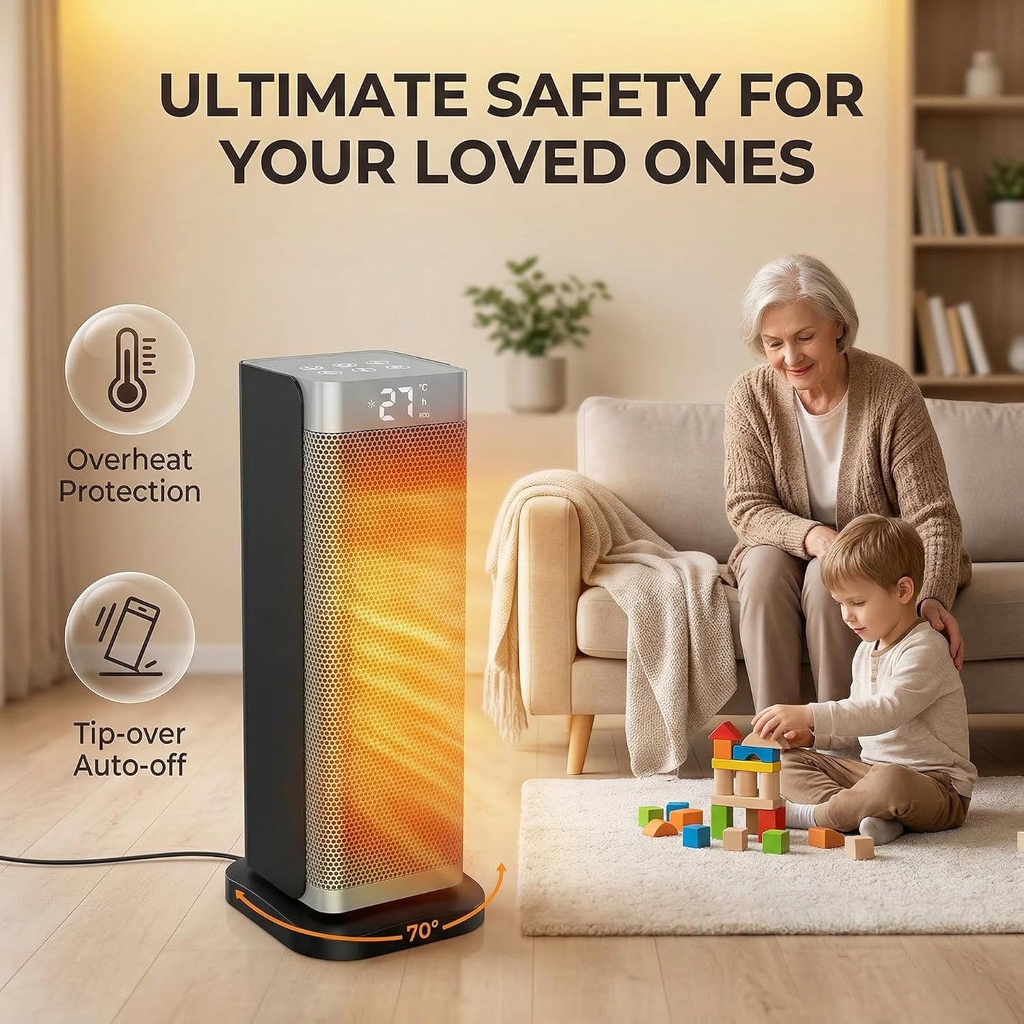 1500W PTC Heating Electric Space Heater with Thermostat for Indoor Use, DEMO