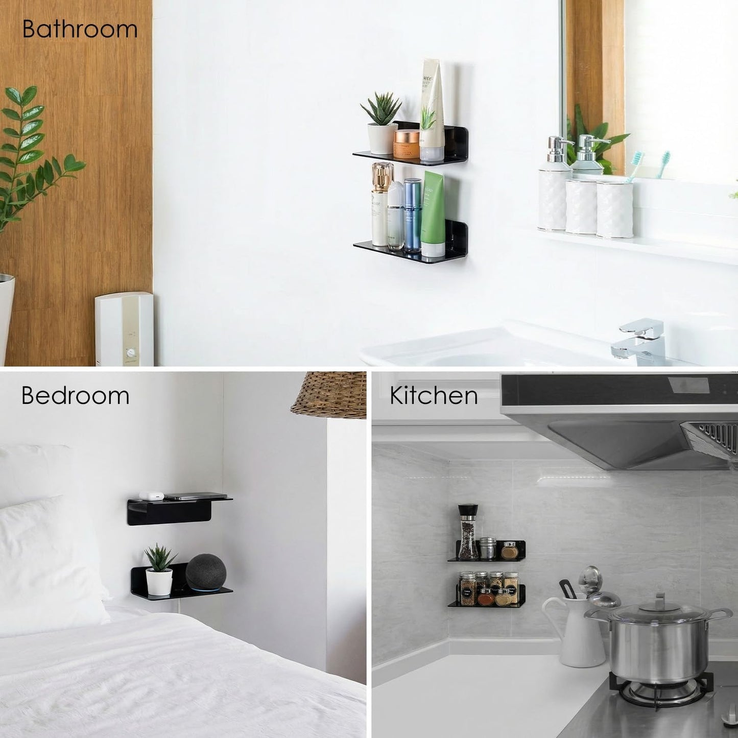 Acrylic Floating Wall Shelves Set of 2 Damage-Free Storage Black Size NEW