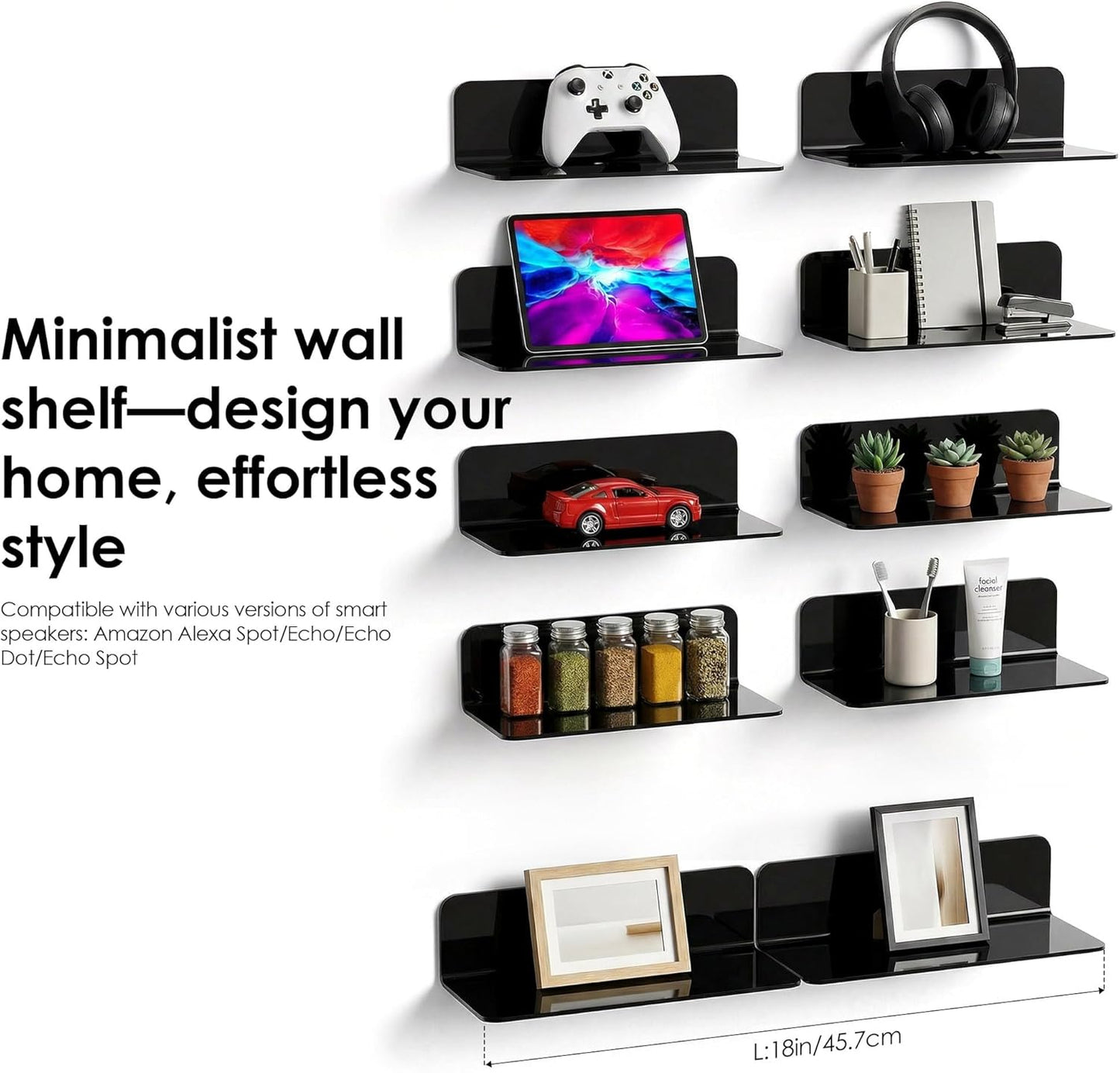 Acrylic Floating Wall Shelves Set of 2 Damage-Free Storage Black Size NEW