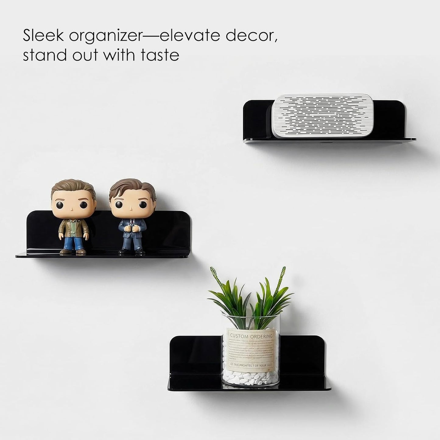 Acrylic Floating Wall Shelves Set of 2 Damage-Free Storage Black Size NEW