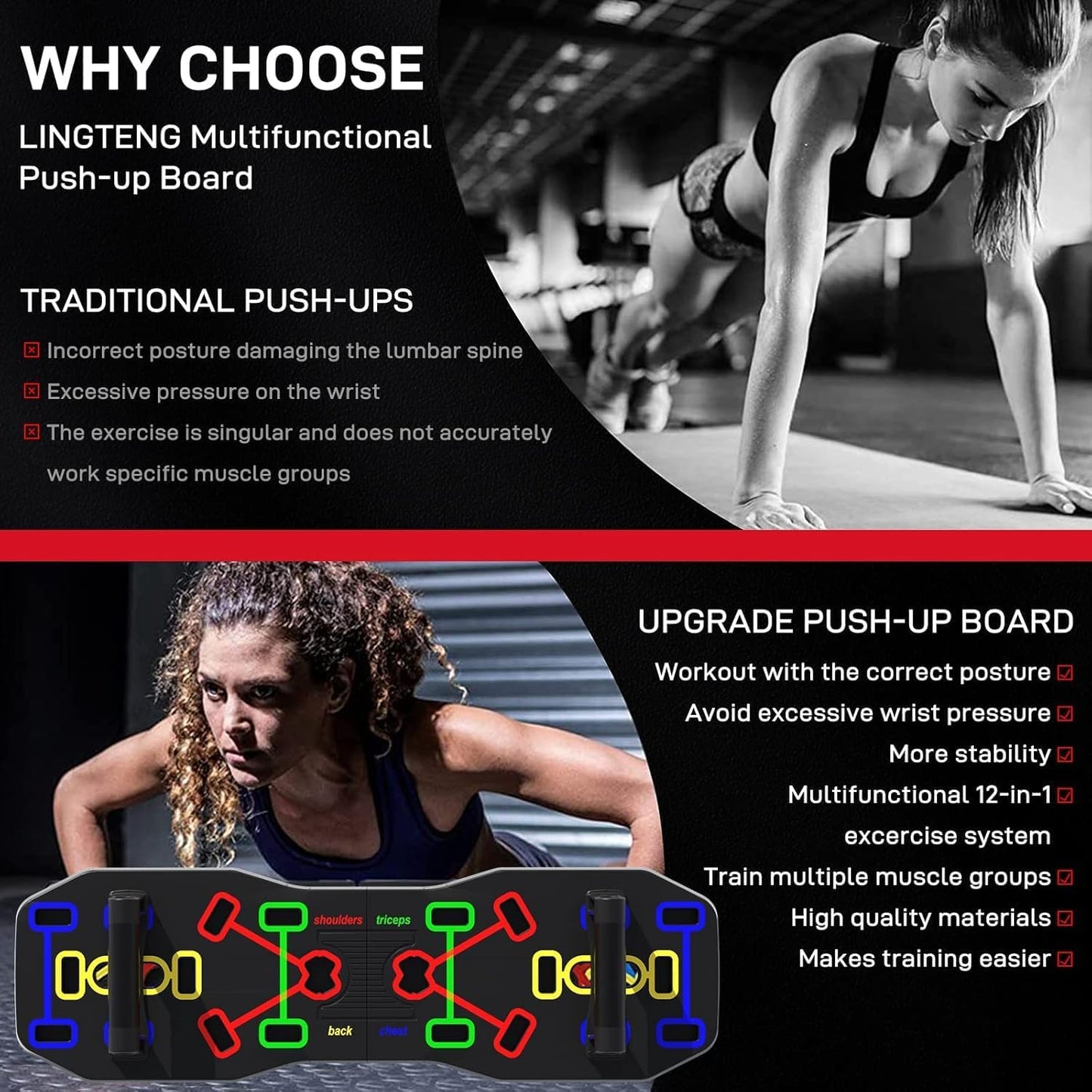 Portable Foldable 10-in-1 Push Up Bar Strength Training Equipment Black DEMO