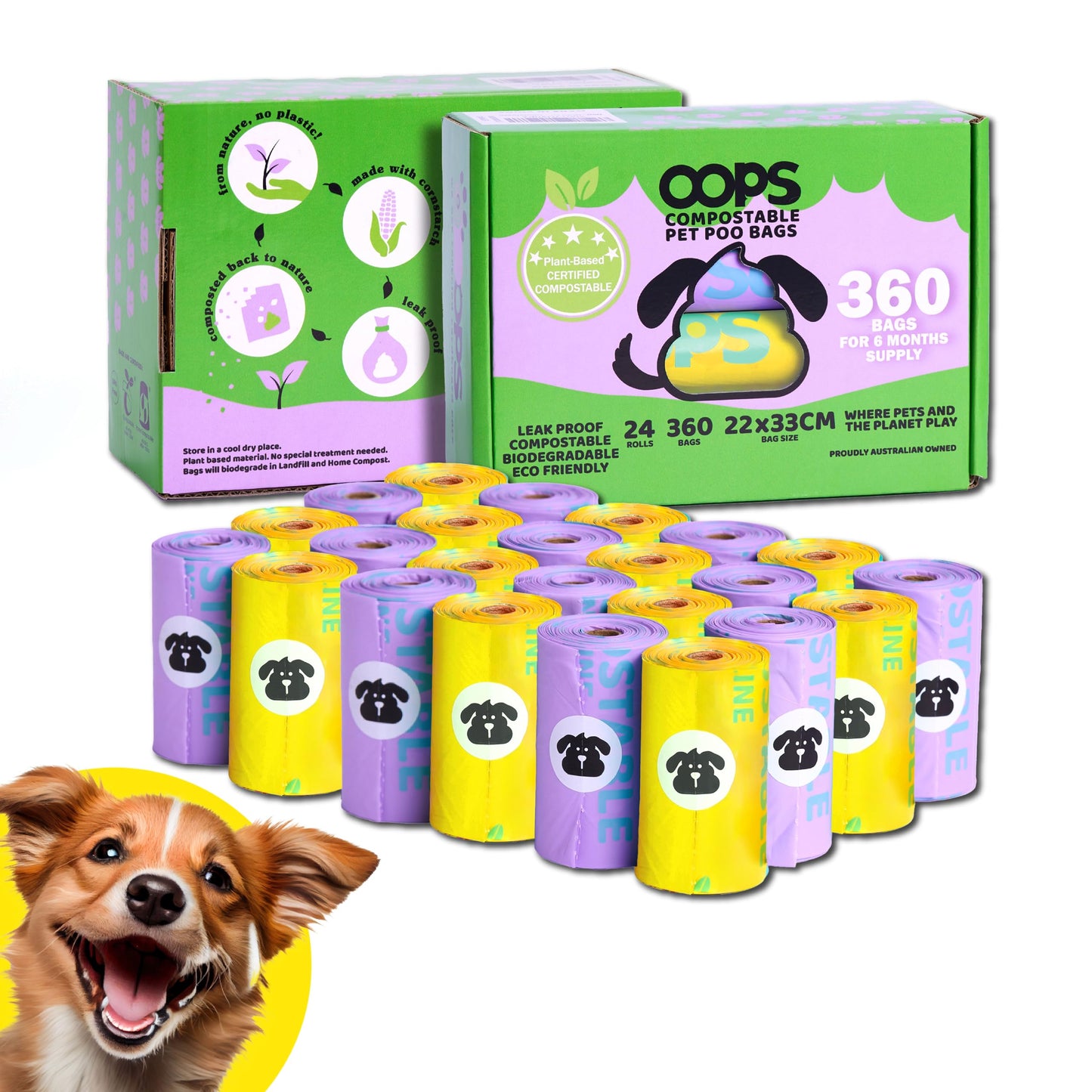OOPS Compostable Pet Poop Bags Certified Biodegradable Unscented 24 Rolls NEW