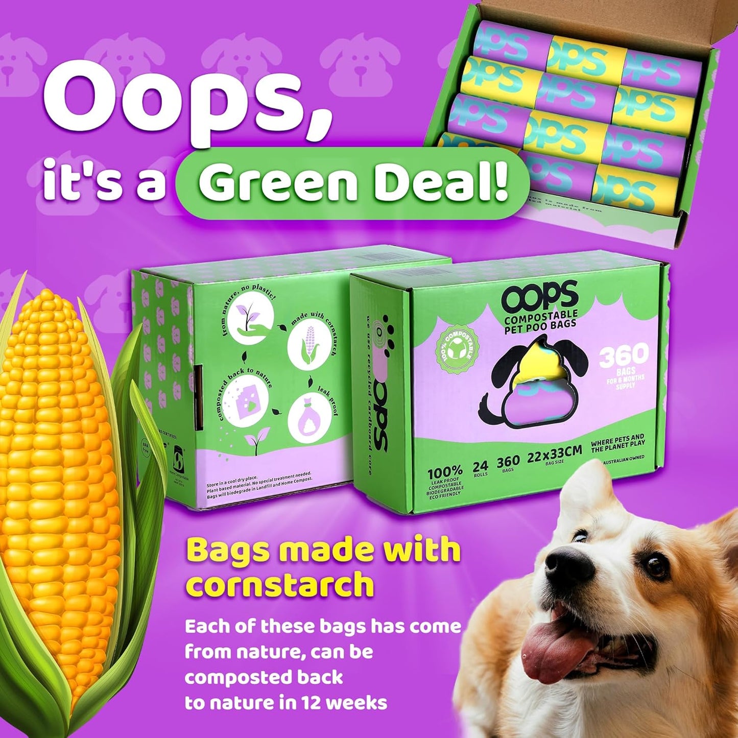 OOPS Compostable Pet Poop Bags Certified Biodegradable Unscented 24 Rolls NEW