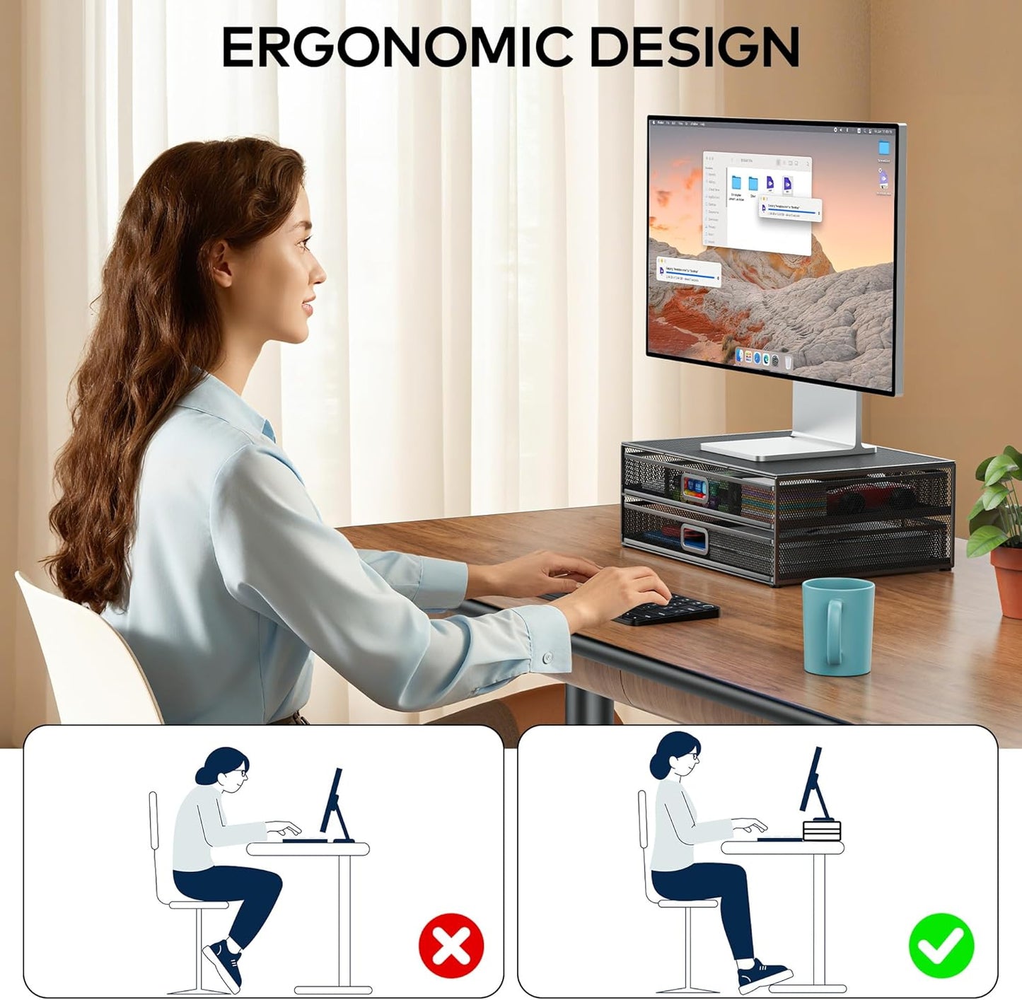 Auvo Metal Monitor Stand Riser with Two Drawers Computer Desk Organizer NEW