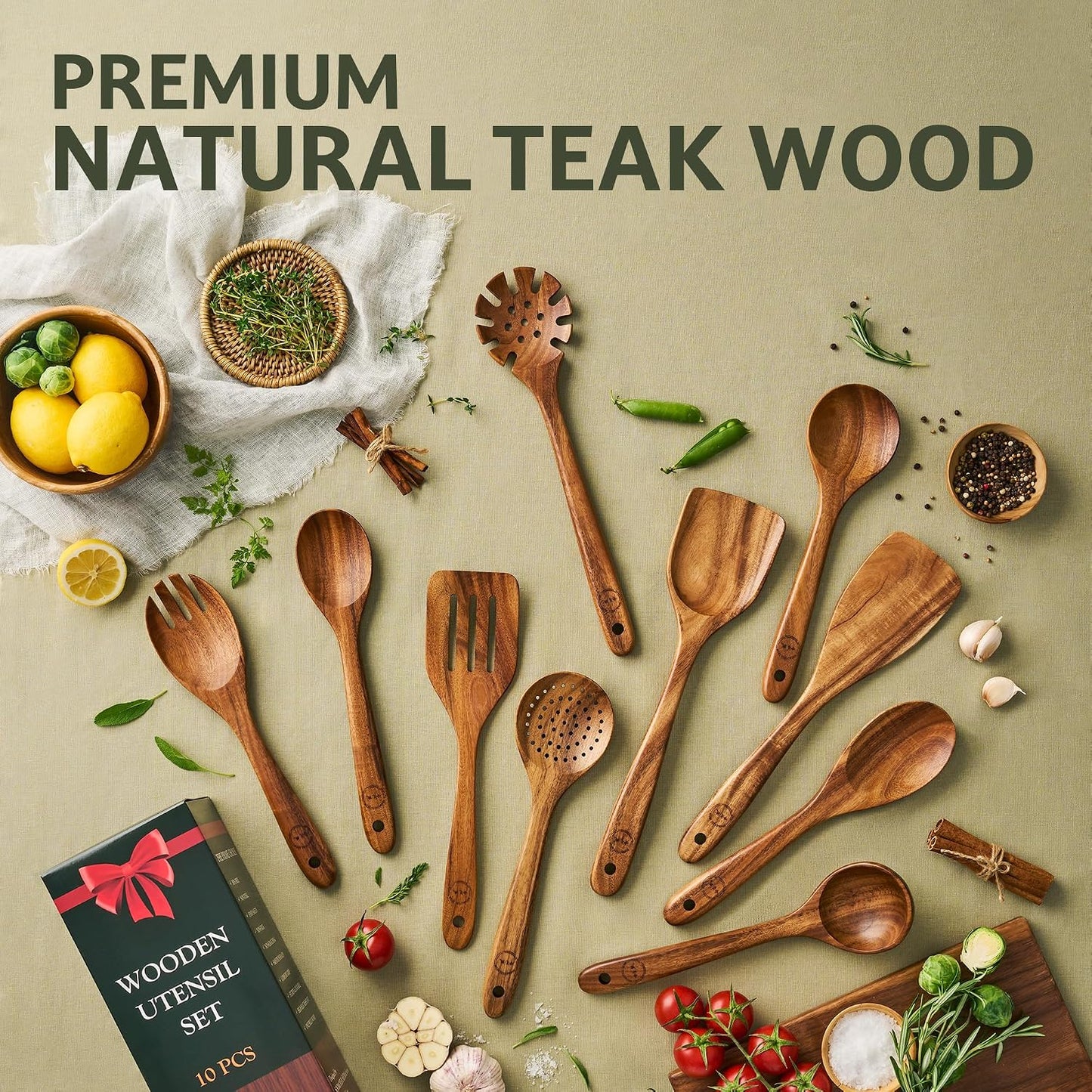 SOOMGYEOL SEOM 10-Piece Teak Wood Cooking Utensil Set with Wooden Spoons NEW