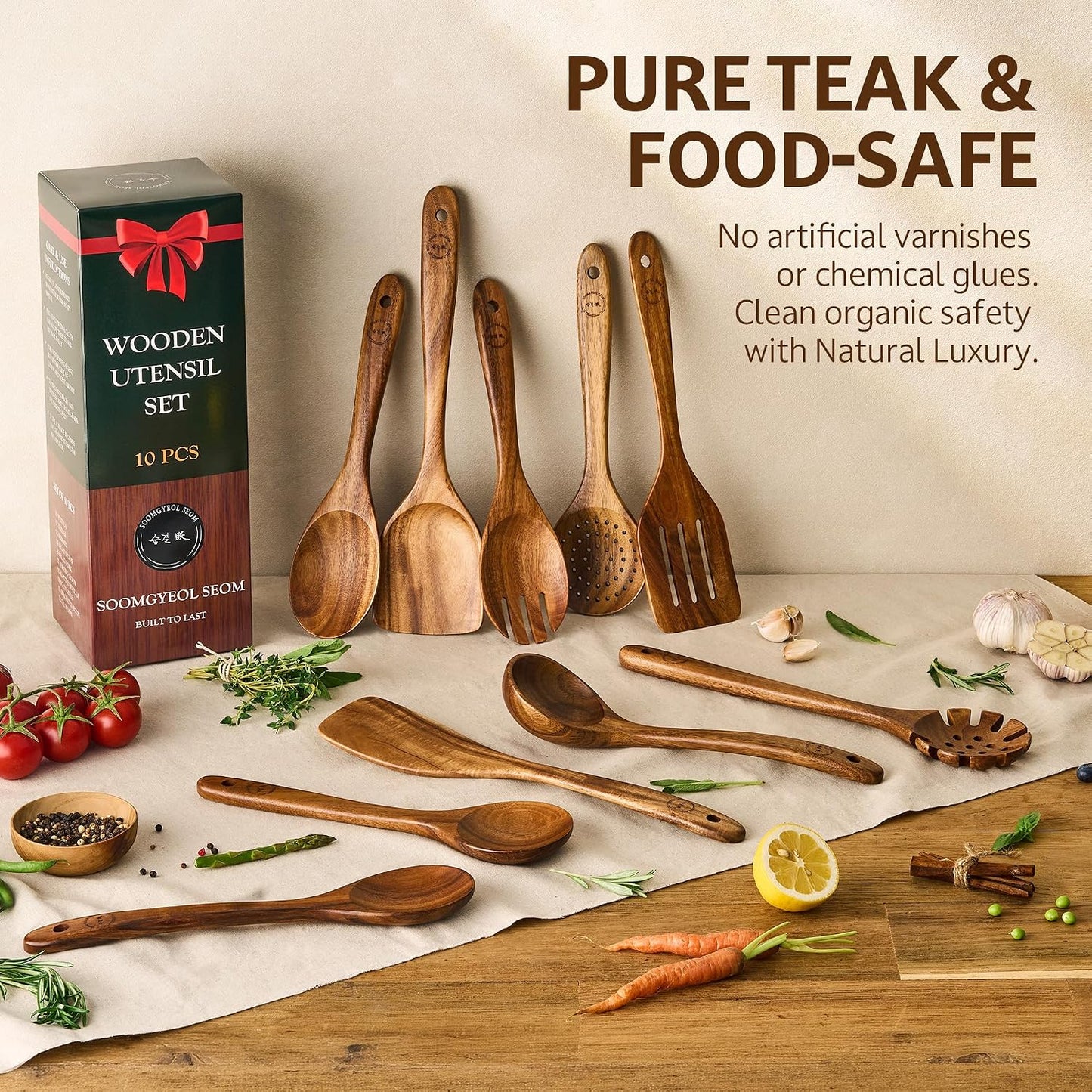 SOOMGYEOL SEOM 10-Piece Teak Wood Cooking Utensil Set with Wooden Spoons NEW