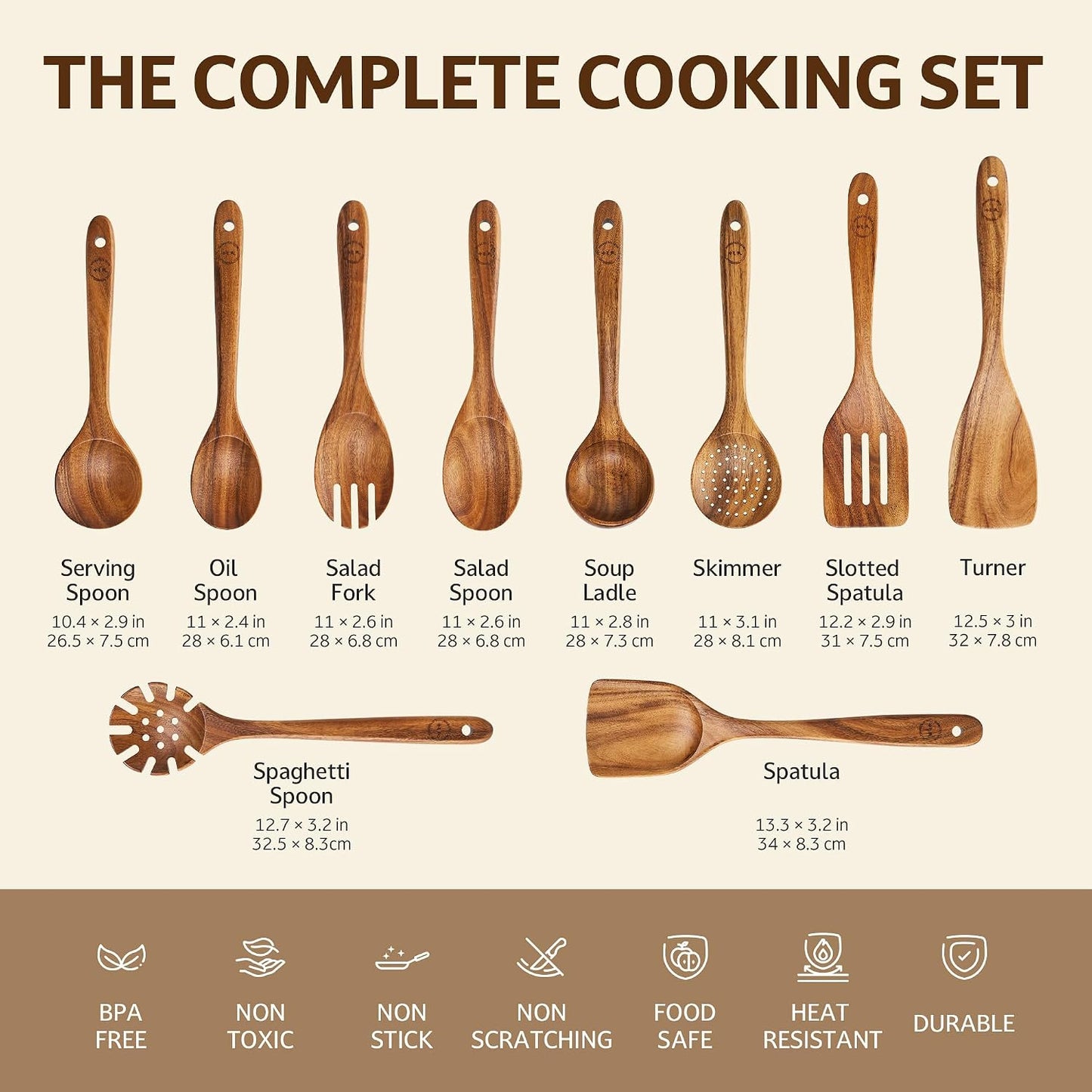 SOOMGYEOL SEOM 10-Piece Teak Wood Cooking Utensil Set with Wooden Spoons NEW