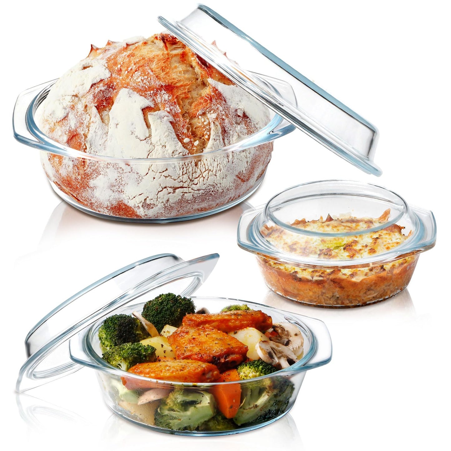 Clear Transparent Glass Casserole Dish Set of 3 Oven-Safe Bakeware Bowls DEMO