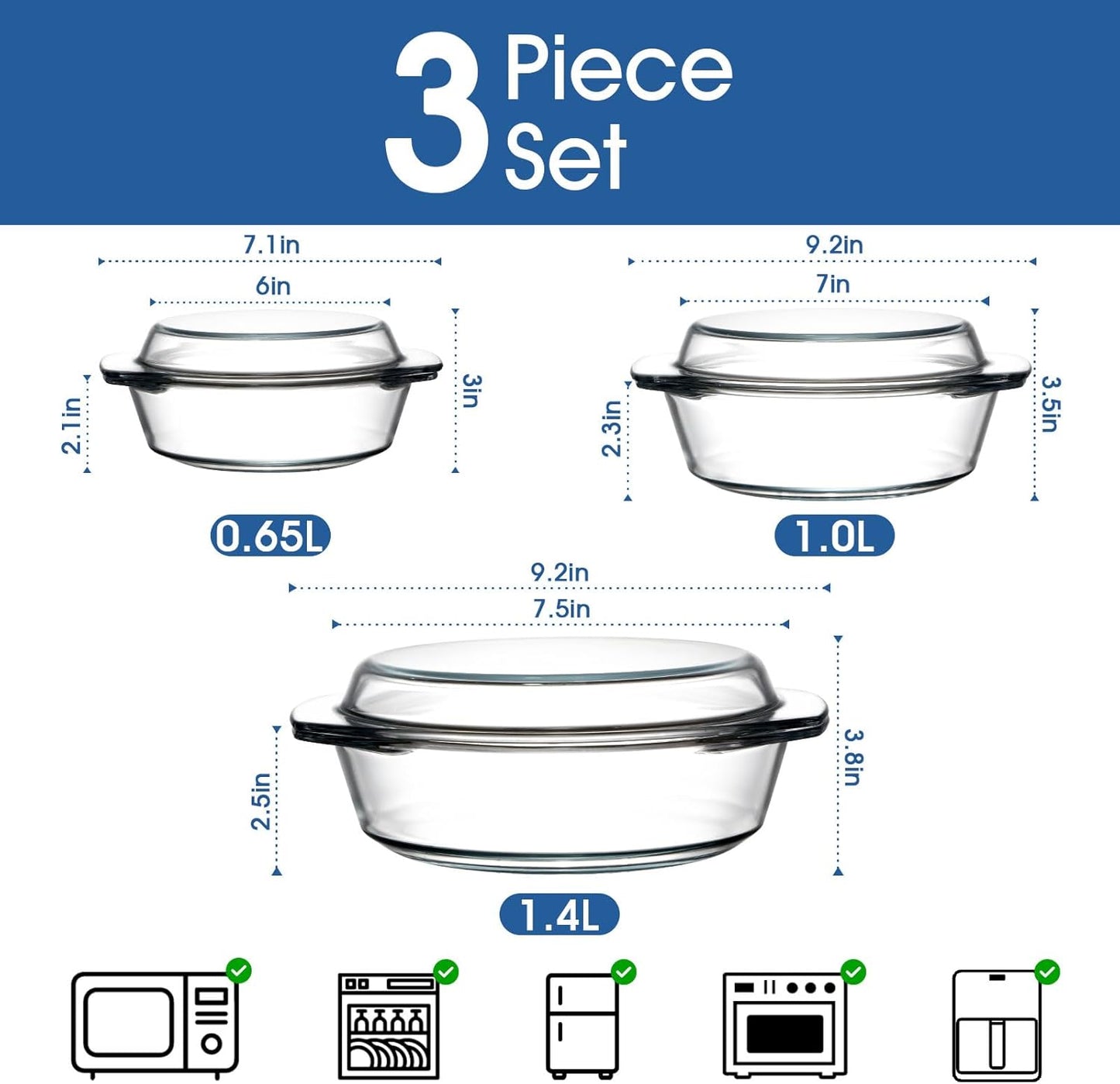 Clear Transparent Glass Casserole Dish Set of 3 Oven-Safe Bakeware Bowls DEMO