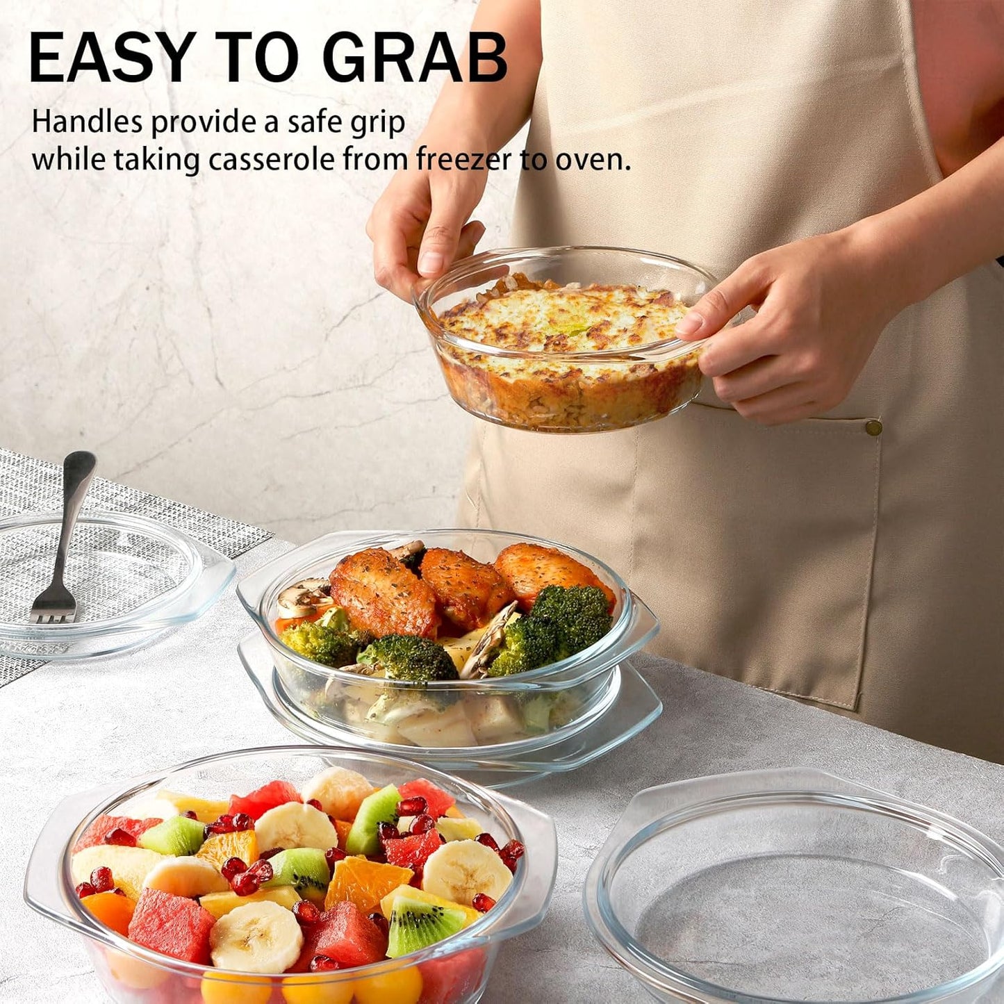 Clear Transparent Glass Casserole Dish Set of 3 Oven-Safe Bakeware Bowls DEMO